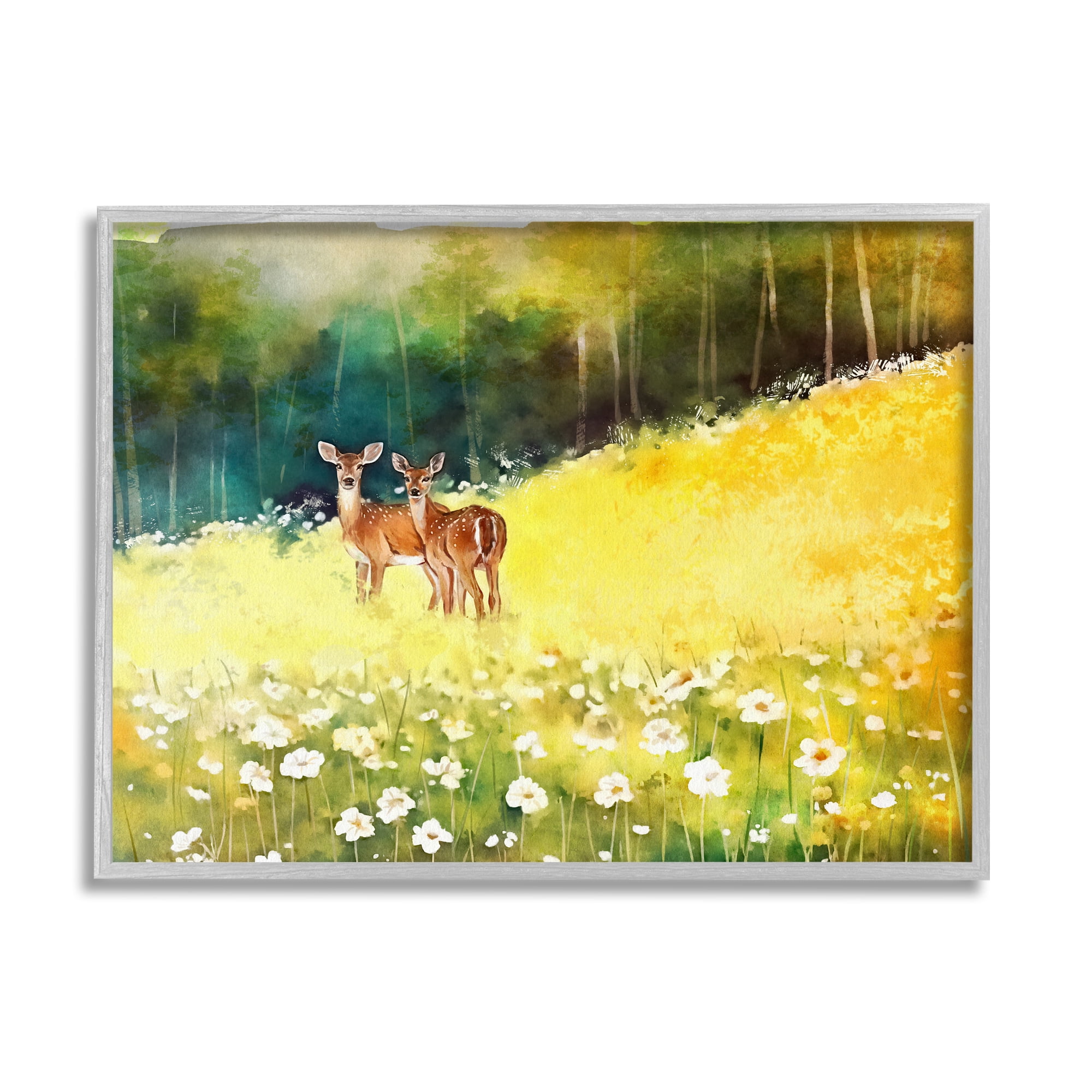 Stupell Industries Fawns in Meadow Watercolor Animals & Insects Painting Gray Framed Art Print Wall Art, 14 x 11