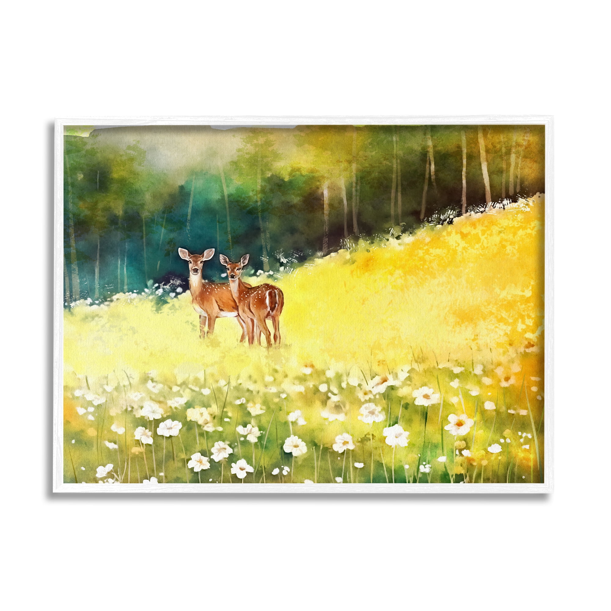 Stupell Industries Fawns in Meadow Watercolor Animals & Insects Painting White Framed Art Print Wall Art, 14 x 11