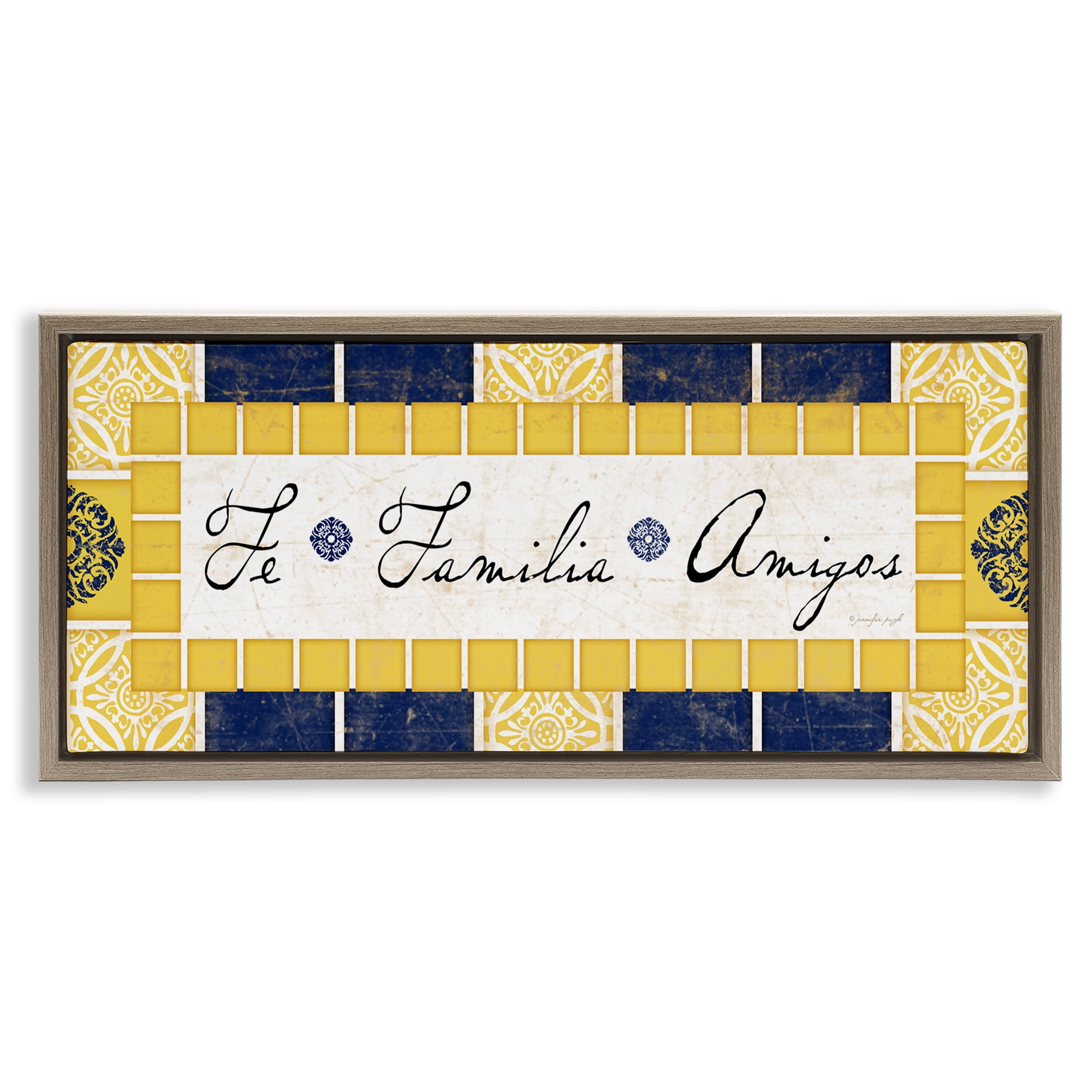 Stupell Industries Fe, Familia y Amigos Inspirational Quotes & Sayings Painting Brown Floater Framed Art Print Wall Art, 25 x 11