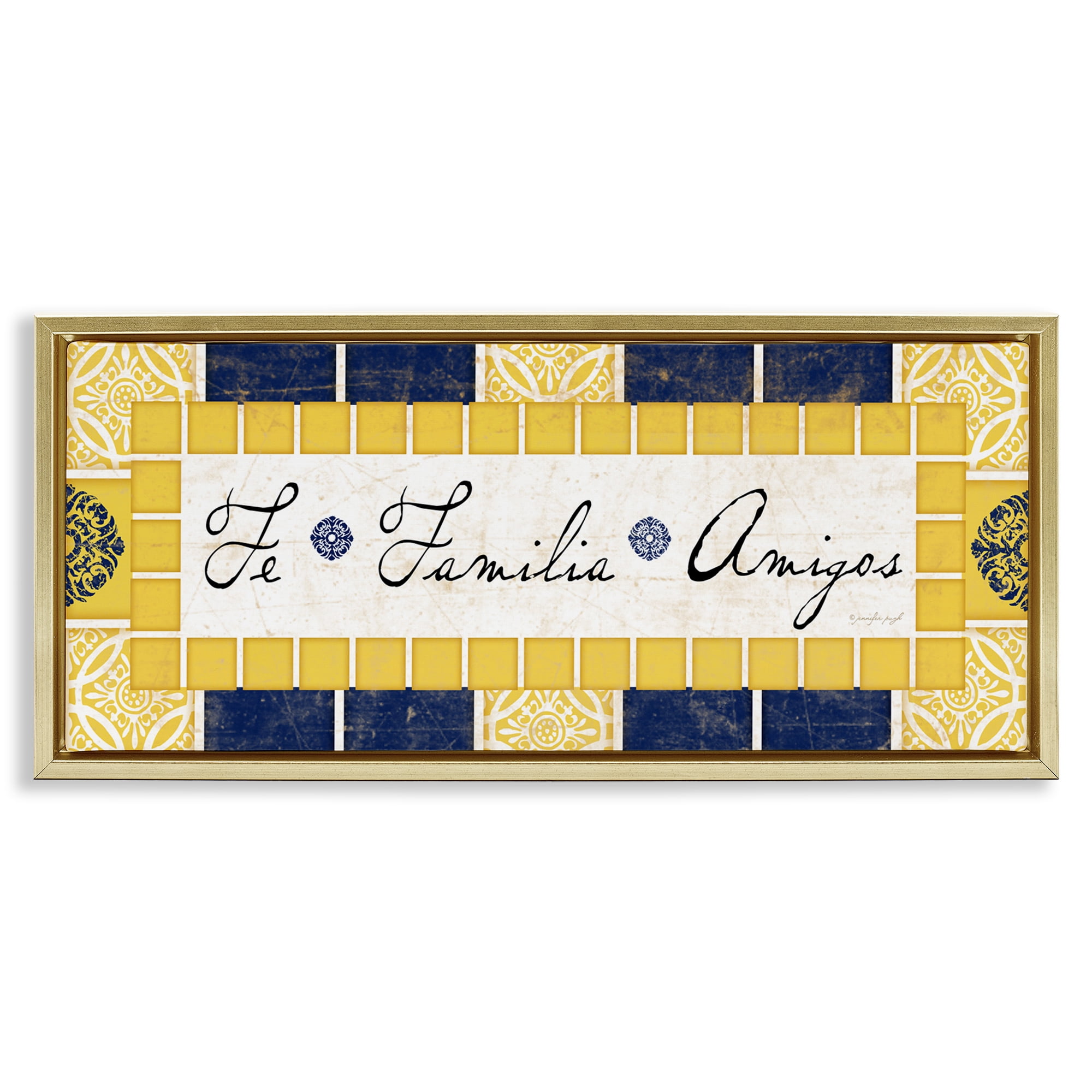 Stupell Industries Fe, Familia y Amigos Inspirational Quotes & Sayings Painting Gold Floater Framed Art Print Wall Art, 31 x 14