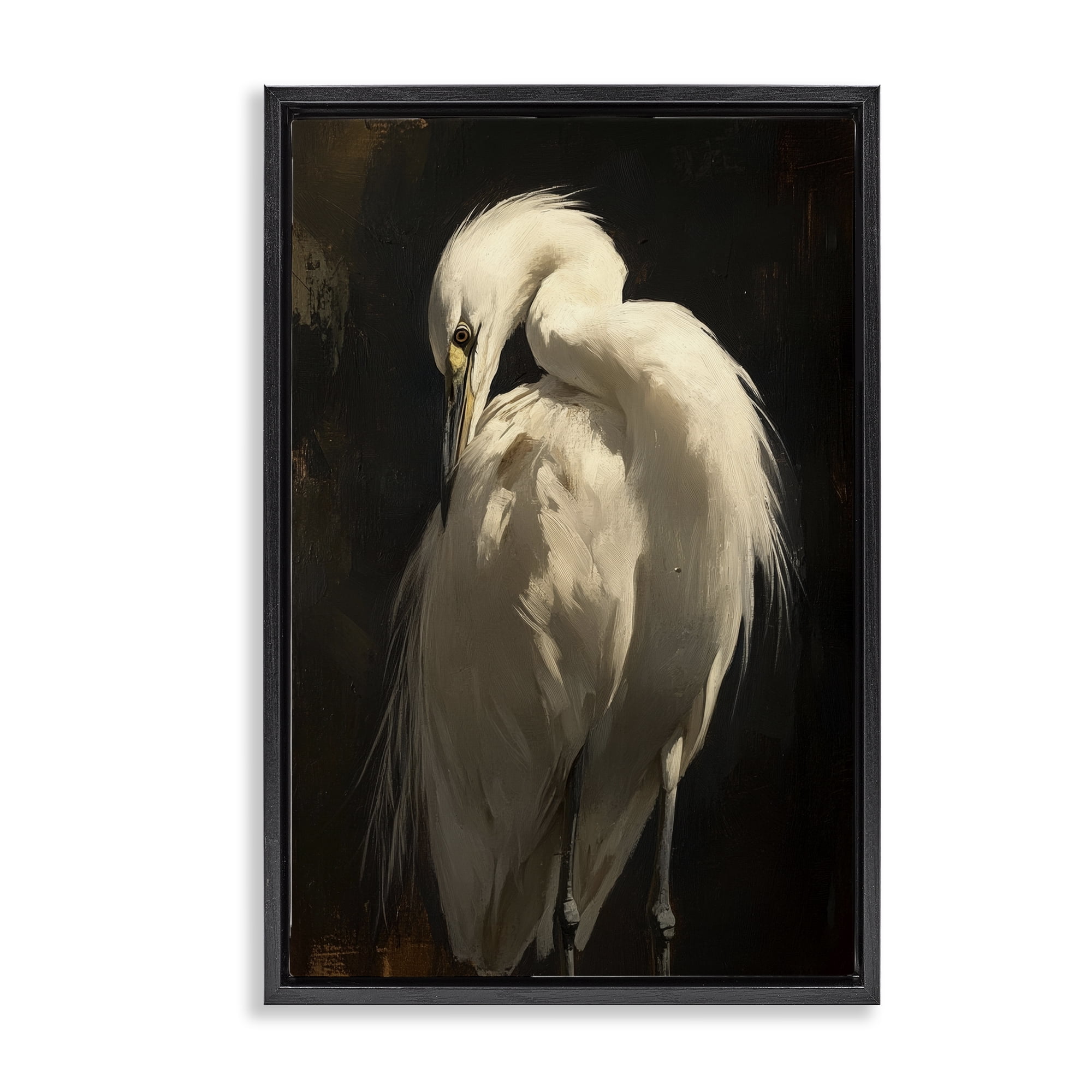 Stupell Industries Feathered Egret in Soft Light Black Framed Floater Canvas Wall Art, design by Petal Prints Design