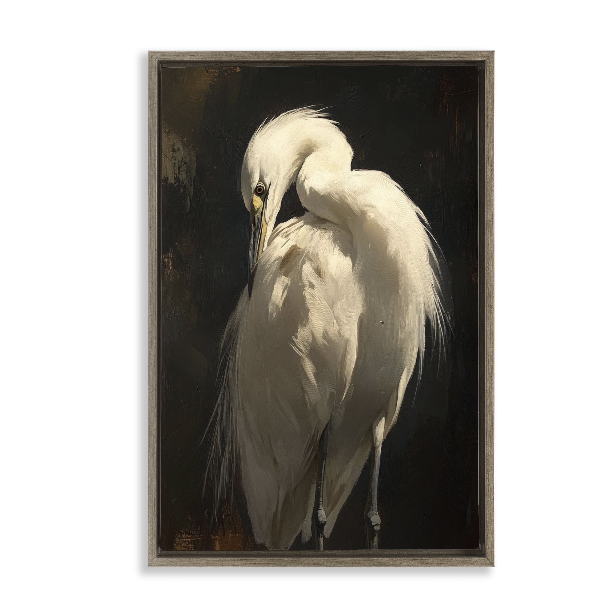 Stupell Industries Feathered Egret in Soft Light Brown Framed Floater Canvas Wall Art, design by Petal Prints Design
