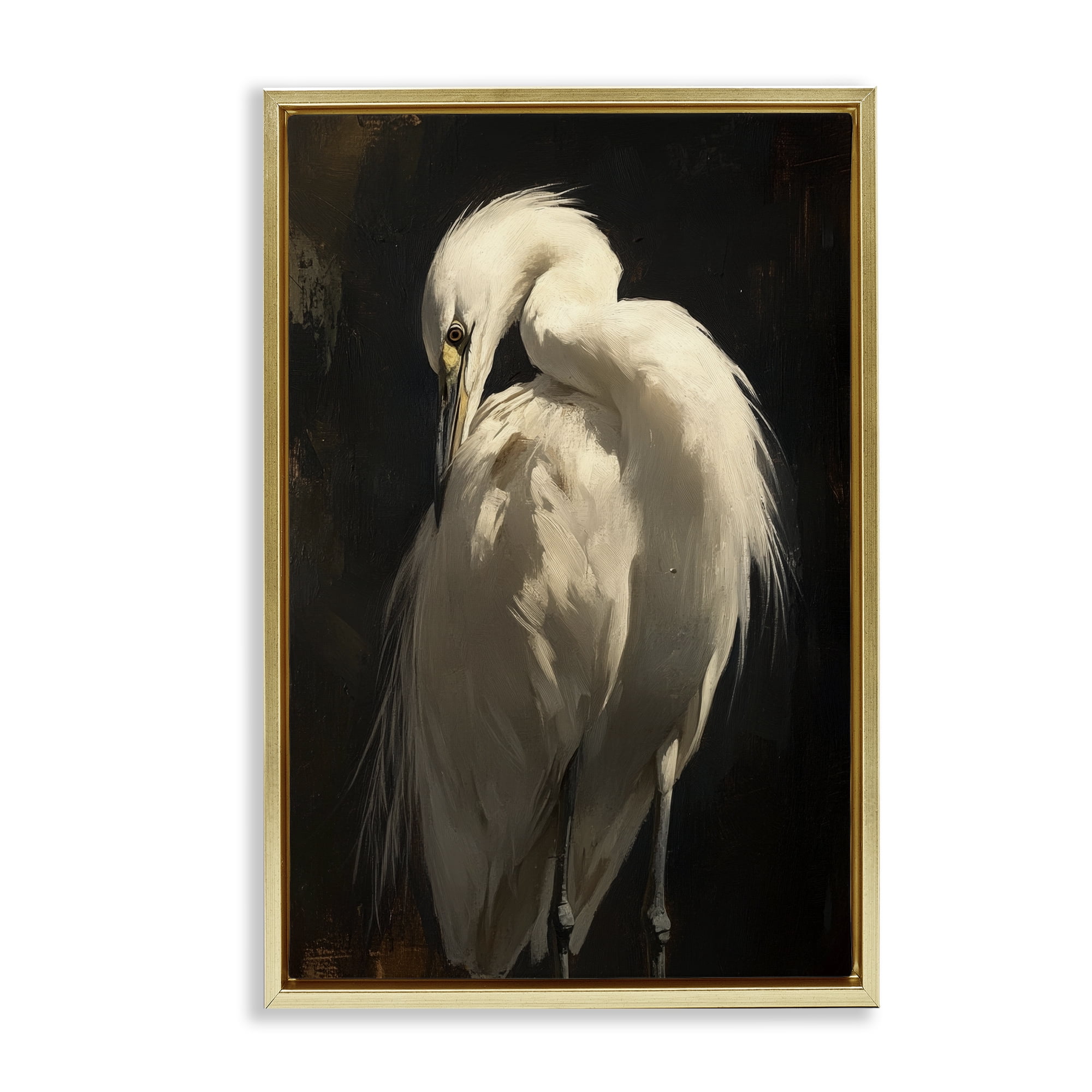 Stupell Industries Feathered Egret in Soft Light Gold Framed Floater Canvas Wall Art, design by Petal Prints Design