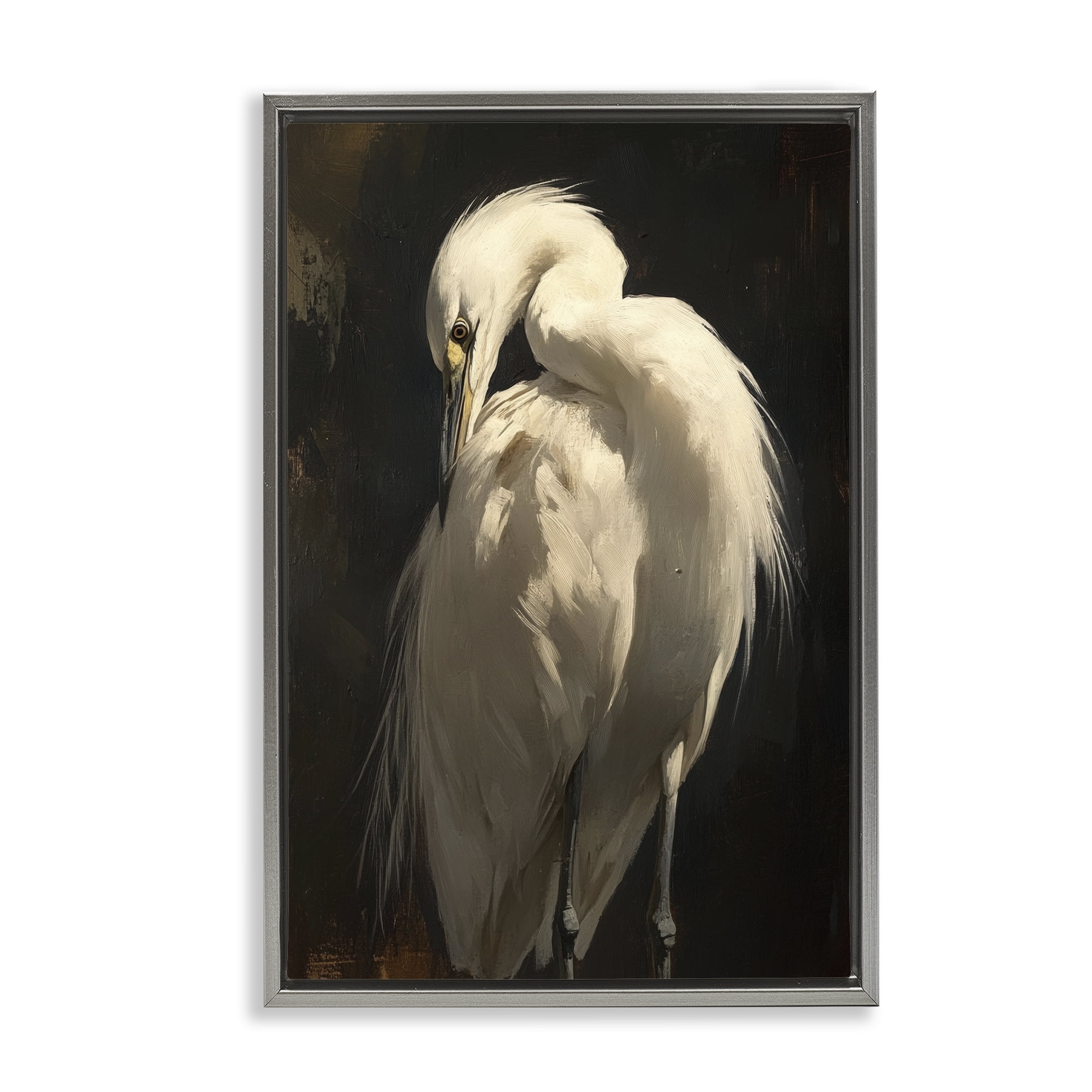 Stupell Industries Feathered Egret in Soft Light Gray Framed Floater Canvas Wall Art, design by Petal Prints Design