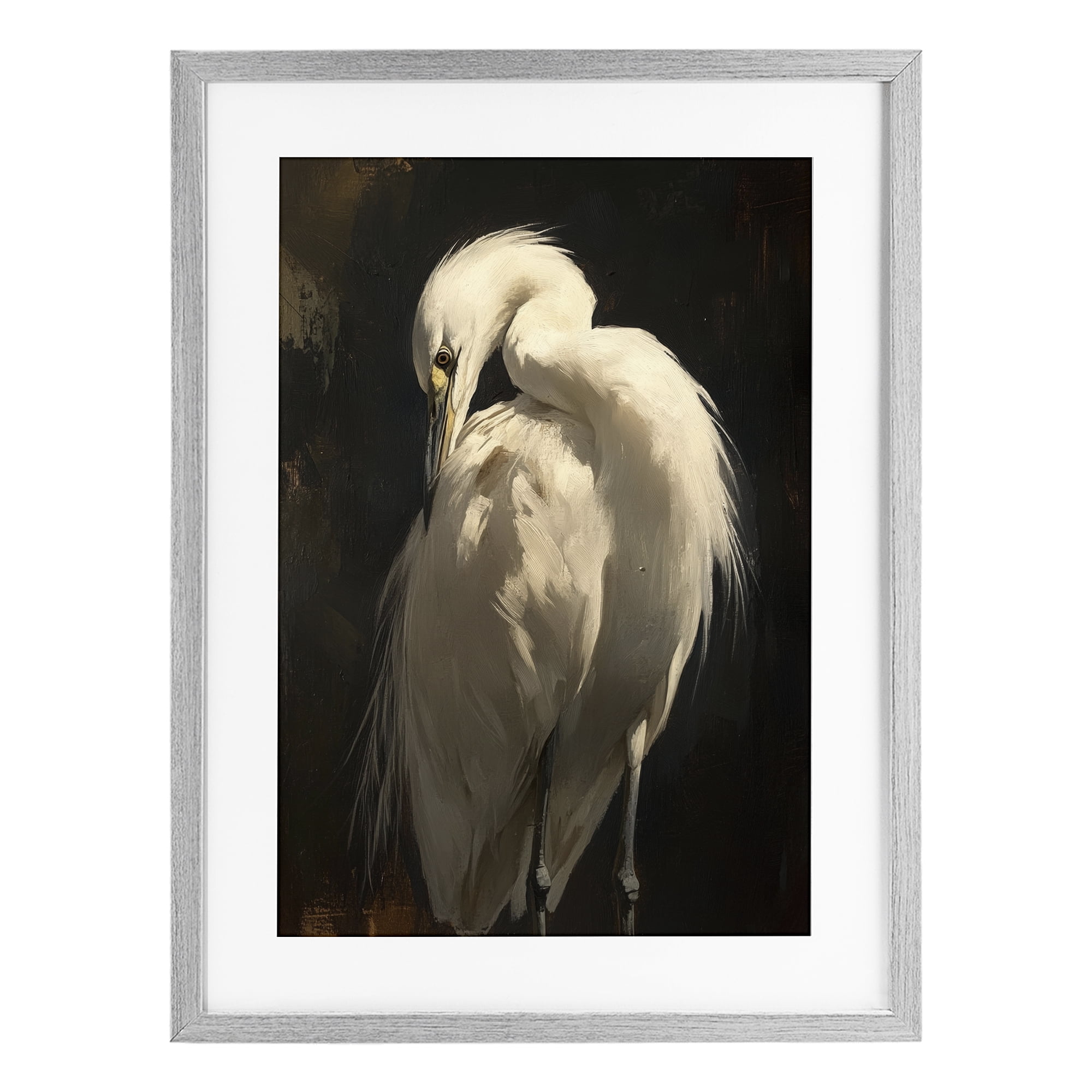 Stupell Industries Feathered Egret in Soft Light Gray Framed Print Under Glass, design by Petal Prints Design