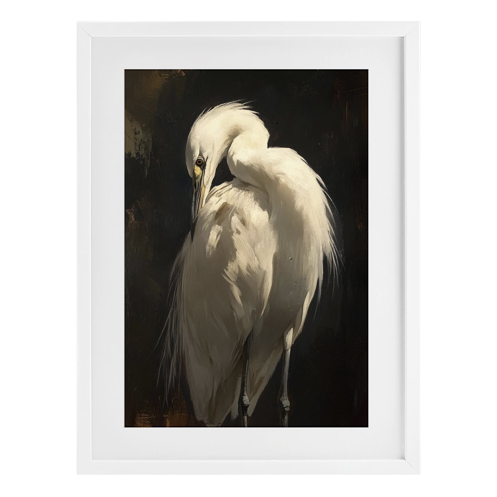 Stupell Industries Feathered Egret in Soft Light White Framed Print Under Glass, design by Petal Prints Design