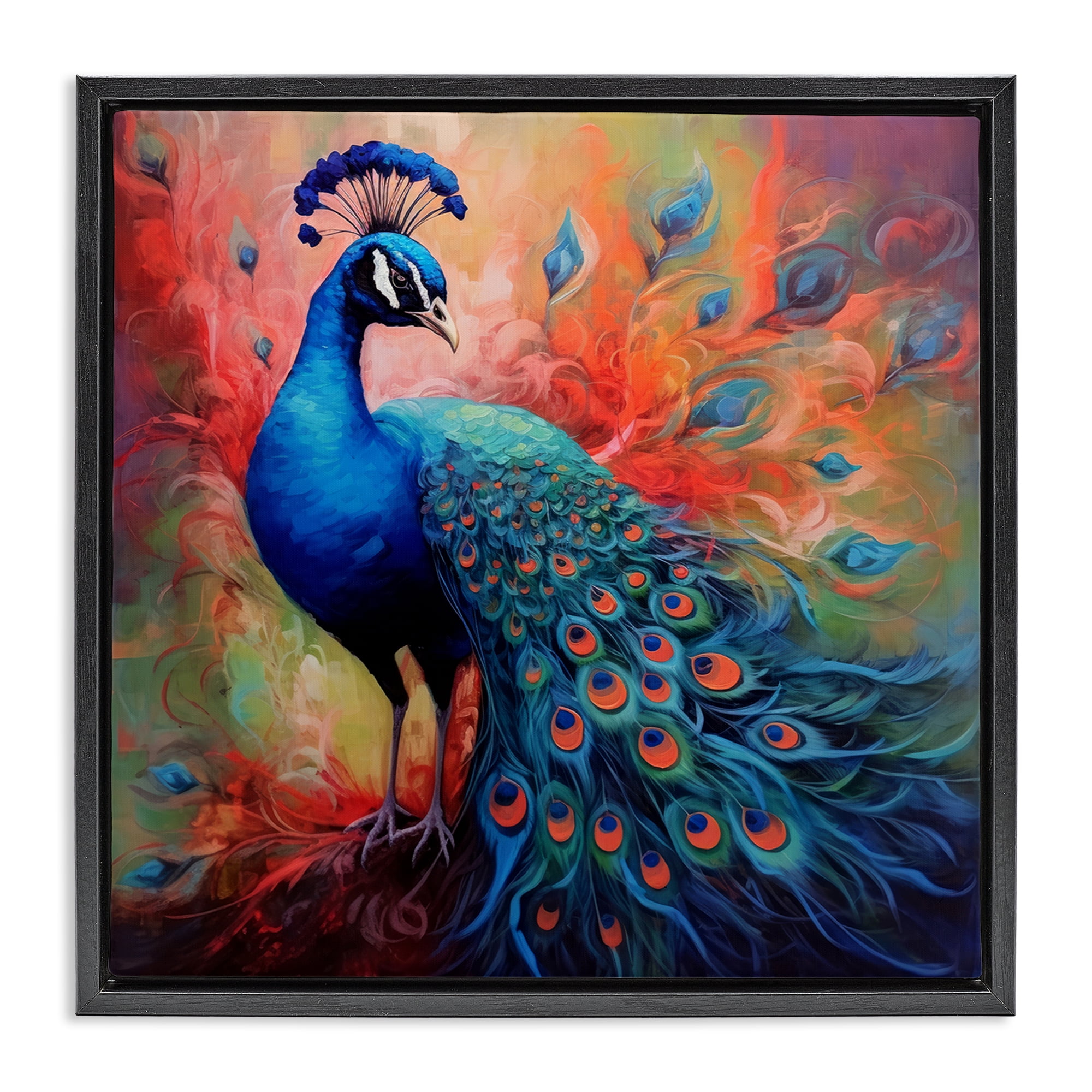 Stupell Industries Feathered Fantasy Peacock Animals Painting Black Floater Framed Canvas Art Print Wall Art, 25 x 25