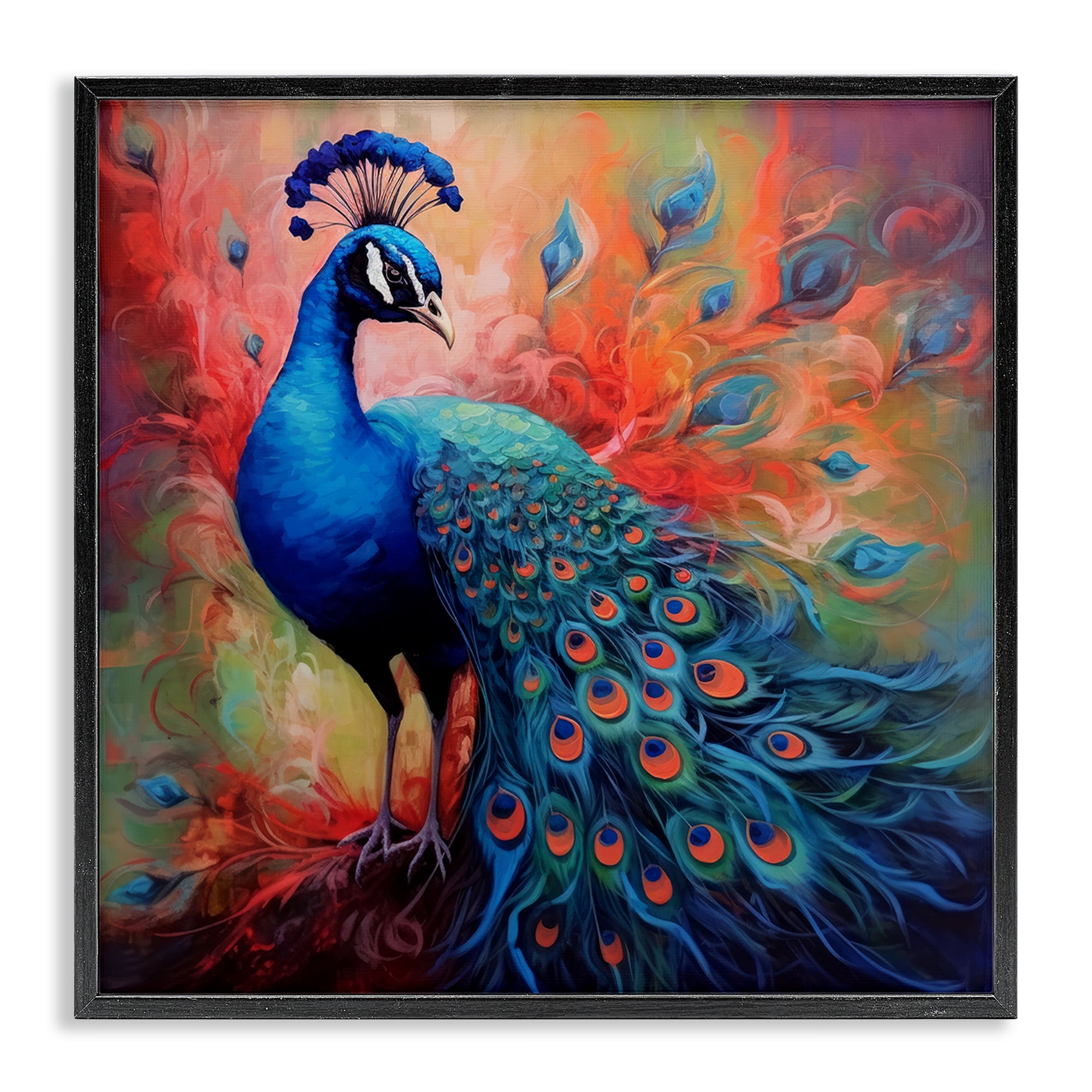 Stupell Industries Feathered Fantasy Peacock Animals Painting Black Framed Art Print Wall Art, 24 x 24