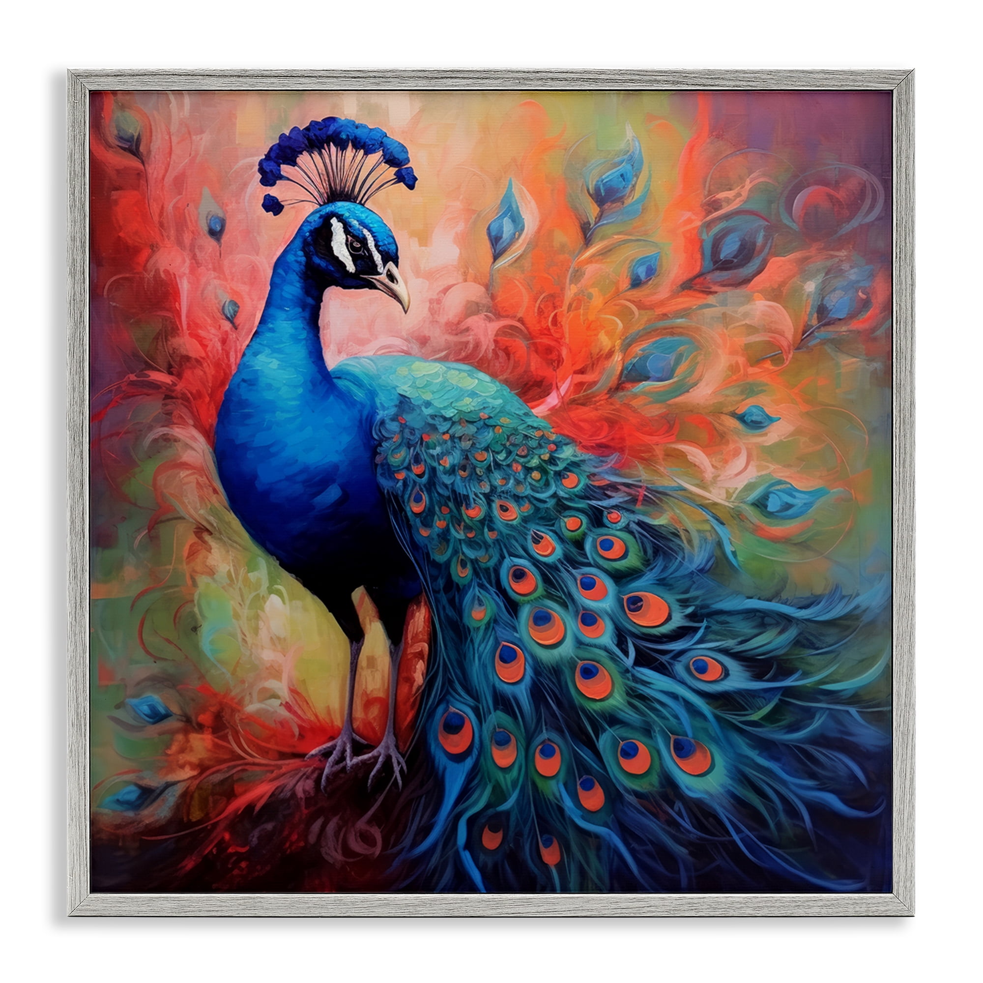 Stupell Industries Feathered Fantasy Peacock Animals Painting Gray Framed Art Print Wall Art, 24 x 24