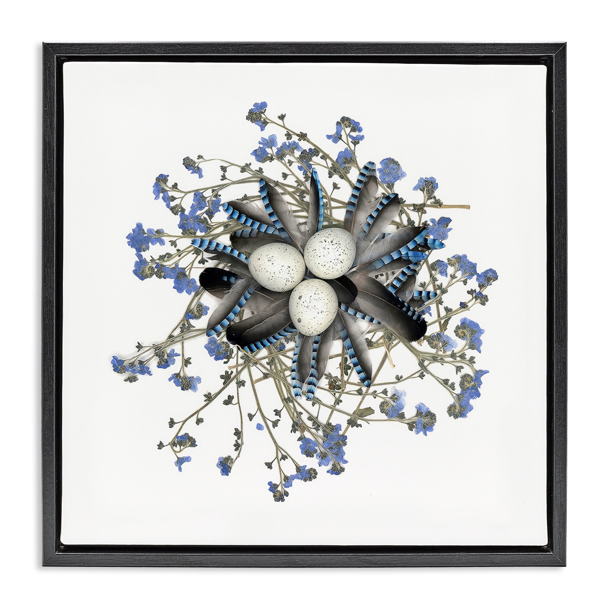Stupell Industries Feathered Nest & Blue Florals Black Framed Floater Canvas Wall Art, design by Beth Adoette