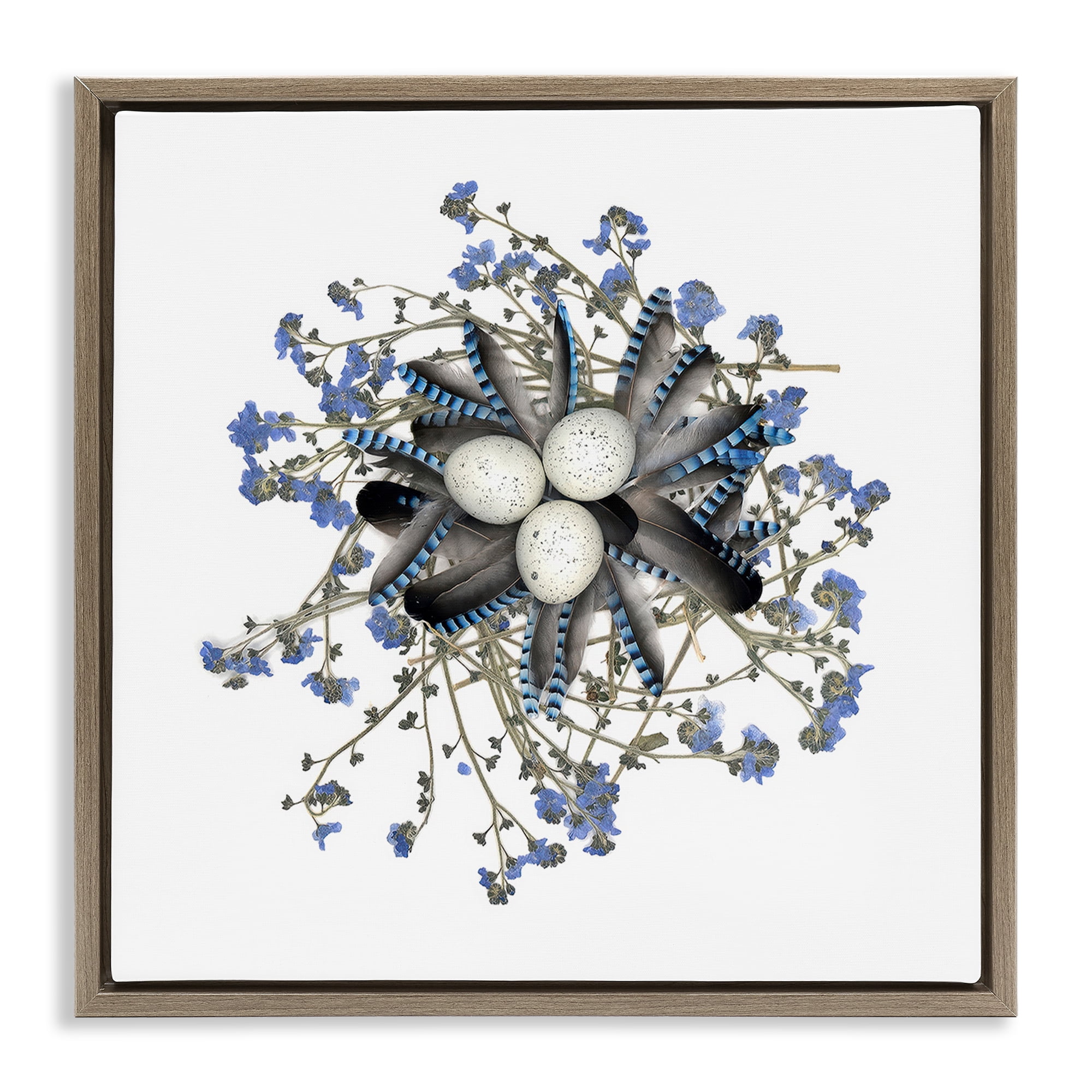 Stupell Industries Feathered Nest & Blue Florals Brown Framed Floater Canvas Wall Art, design by Beth Adoette
