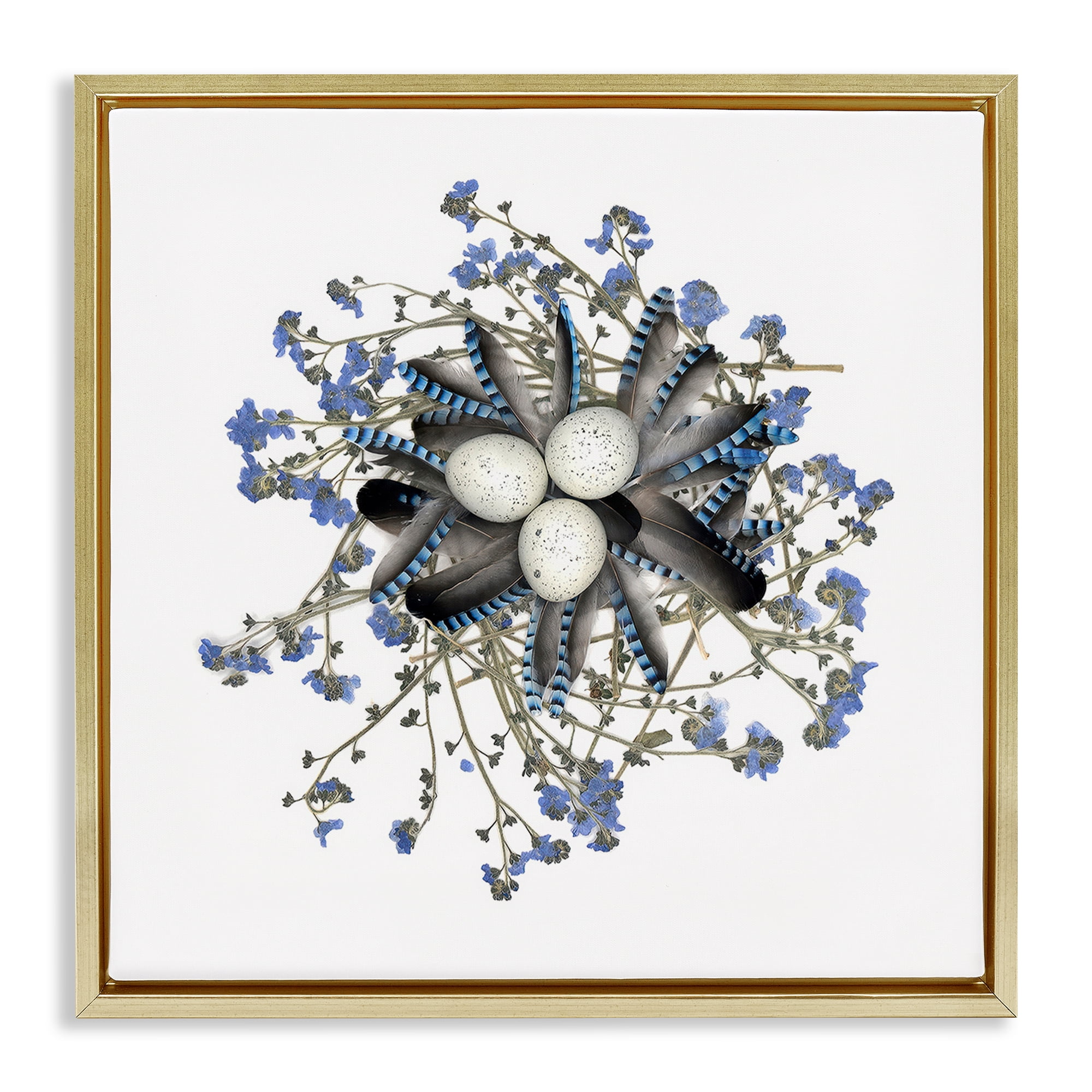 Stupell Industries Feathered Nest & Blue Florals Gold Framed Floater Canvas Wall Art, design by Beth Adoette