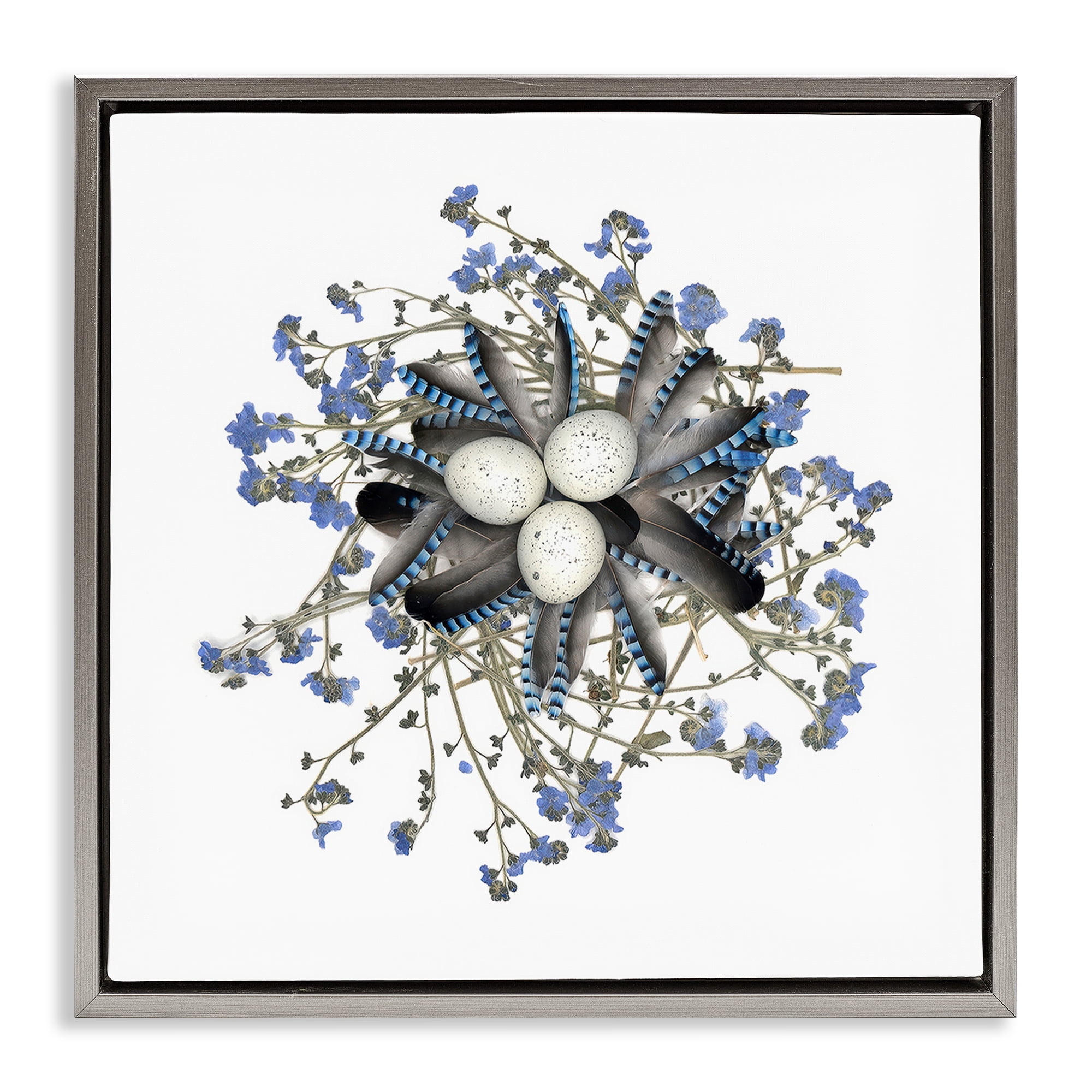 Stupell Industries Feathered Nest & Blue Florals Gray Framed Floater Canvas Wall Art, design by Beth Adoette
