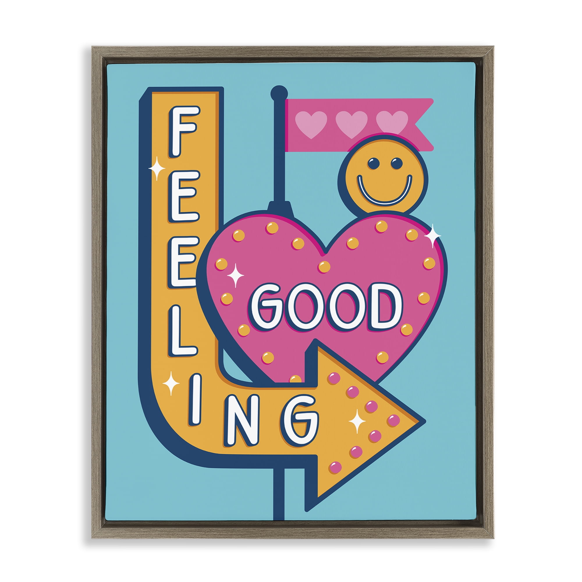 Stupell Industries Feeling Good Retro Sign Text & Numbers Painting Brown Floater Framed Canvas Art Print Wall Art, 25 x 31
