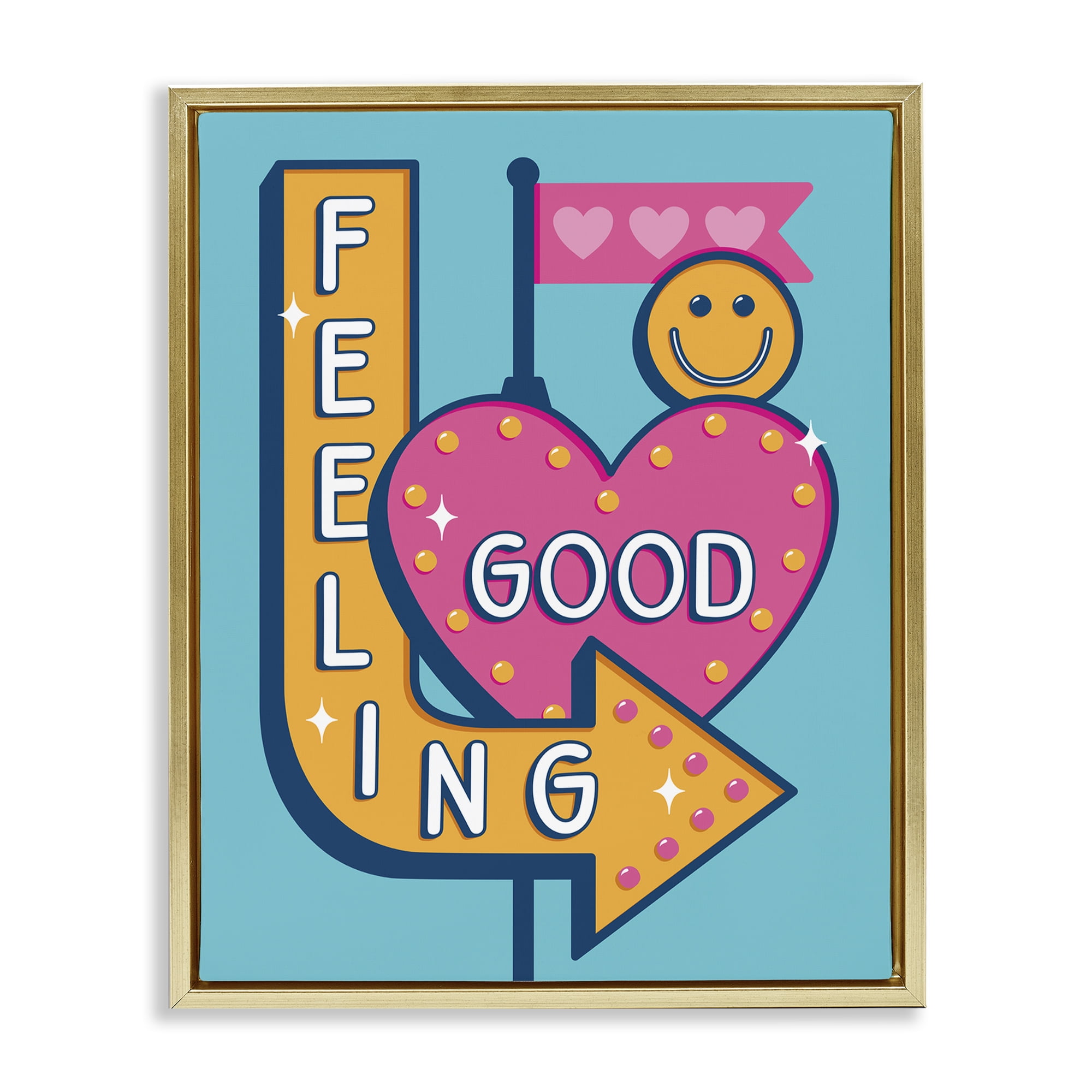 Stupell Industries Feeling Good Retro Sign Text & Numbers Painting Gold Floater Framed Canvas Art Print Wall Art, 25 x 31