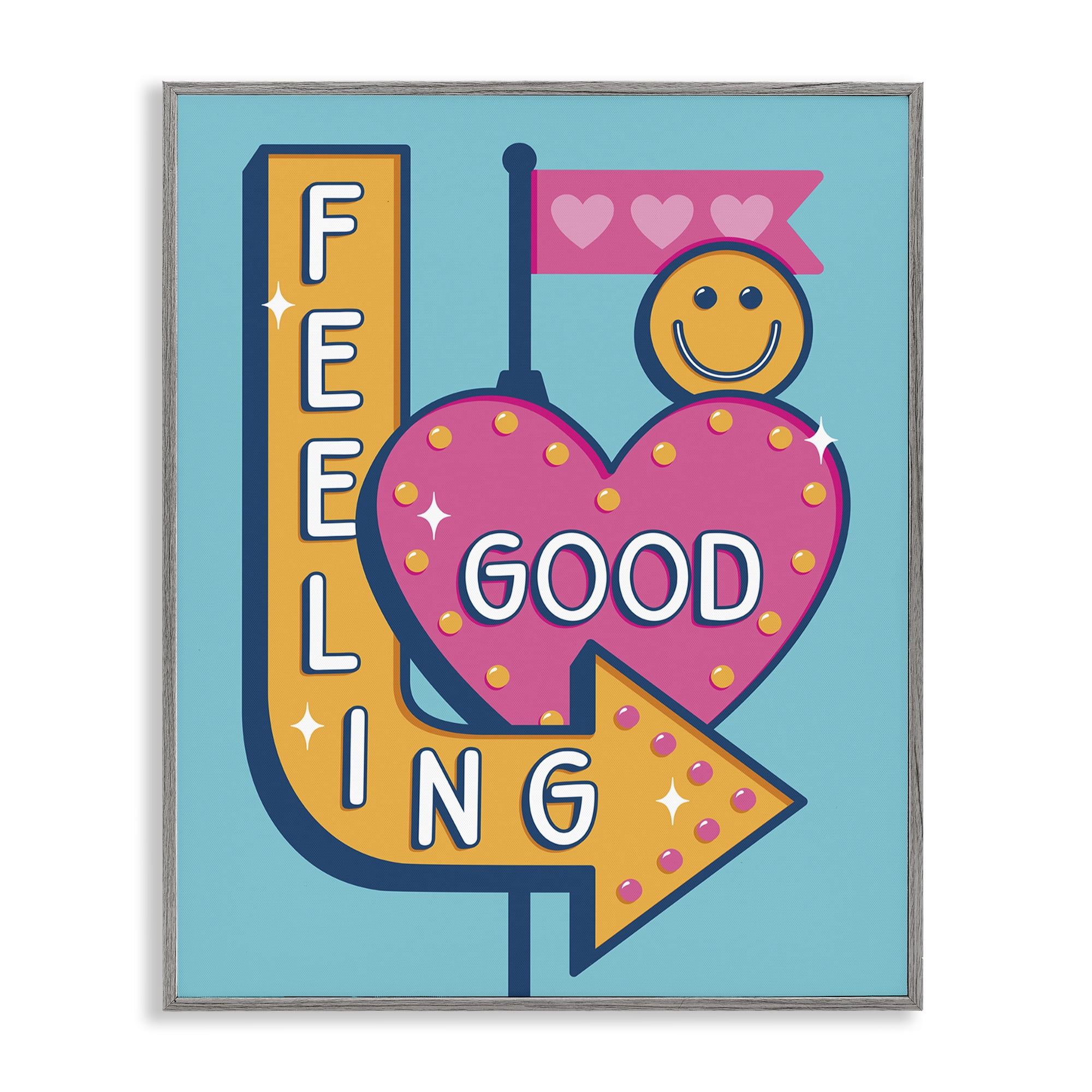 Stupell Industries Feeling Good Retro Sign Text & Numbers Painting Gray Framed Art Print Wall Art, 11 x 14