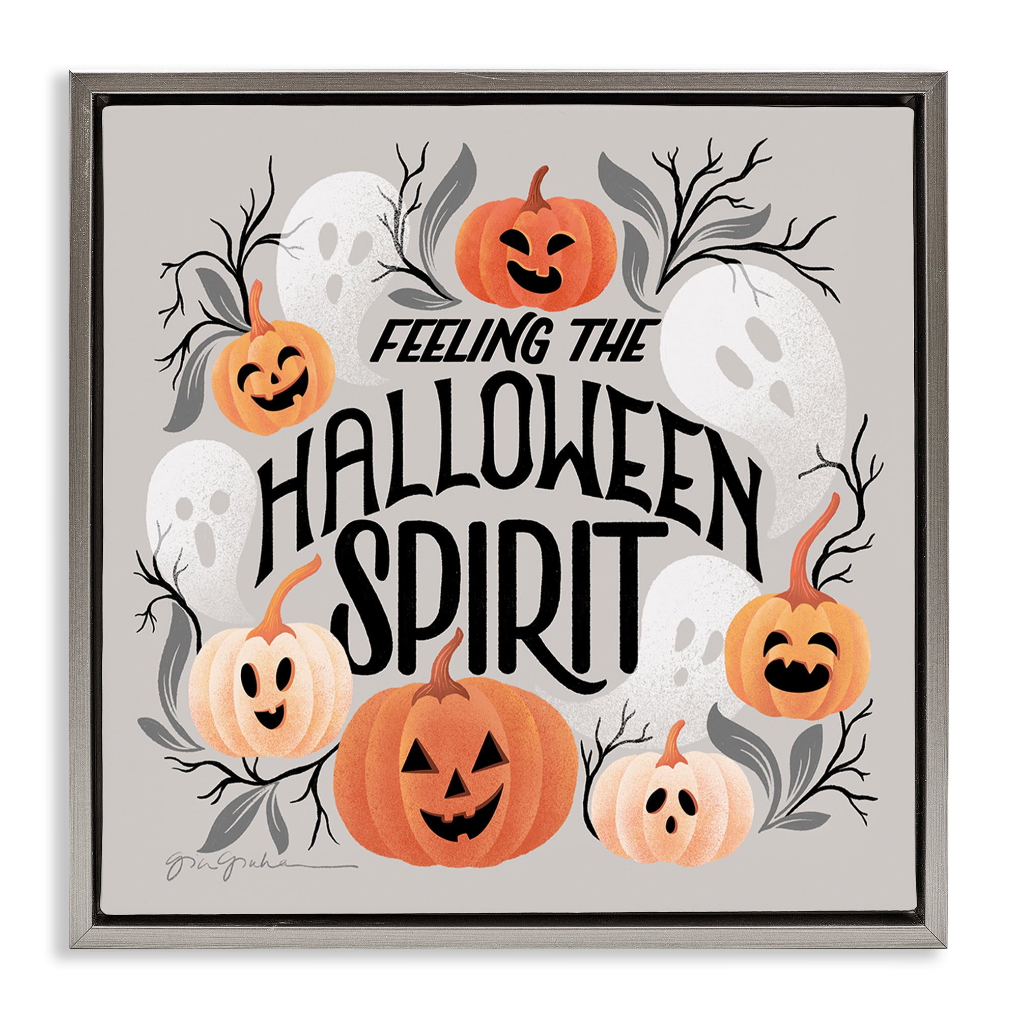 Stupell Industries Feeling Halloween Spirit Holiday Painting Gray Floater Framed Art Print Wall Art, 25 x 25