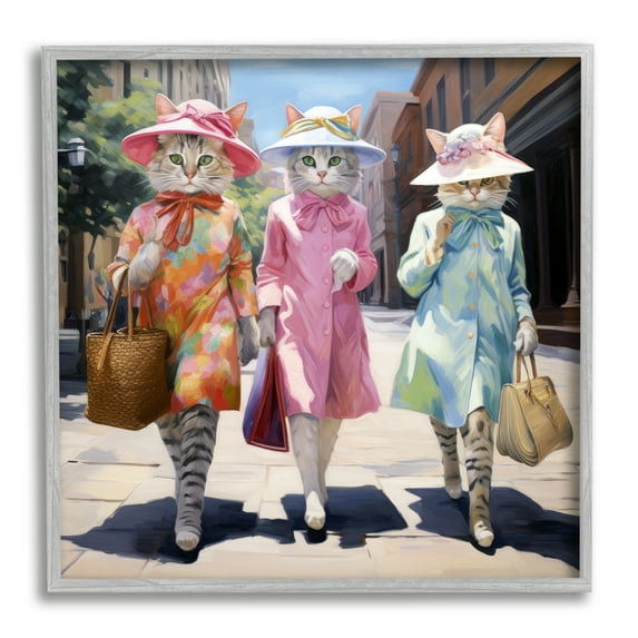 Stupell Industries Feline Fashion Cats Animals & Insects Painting Gray Framed Art Print Wall Art, 17 x 17