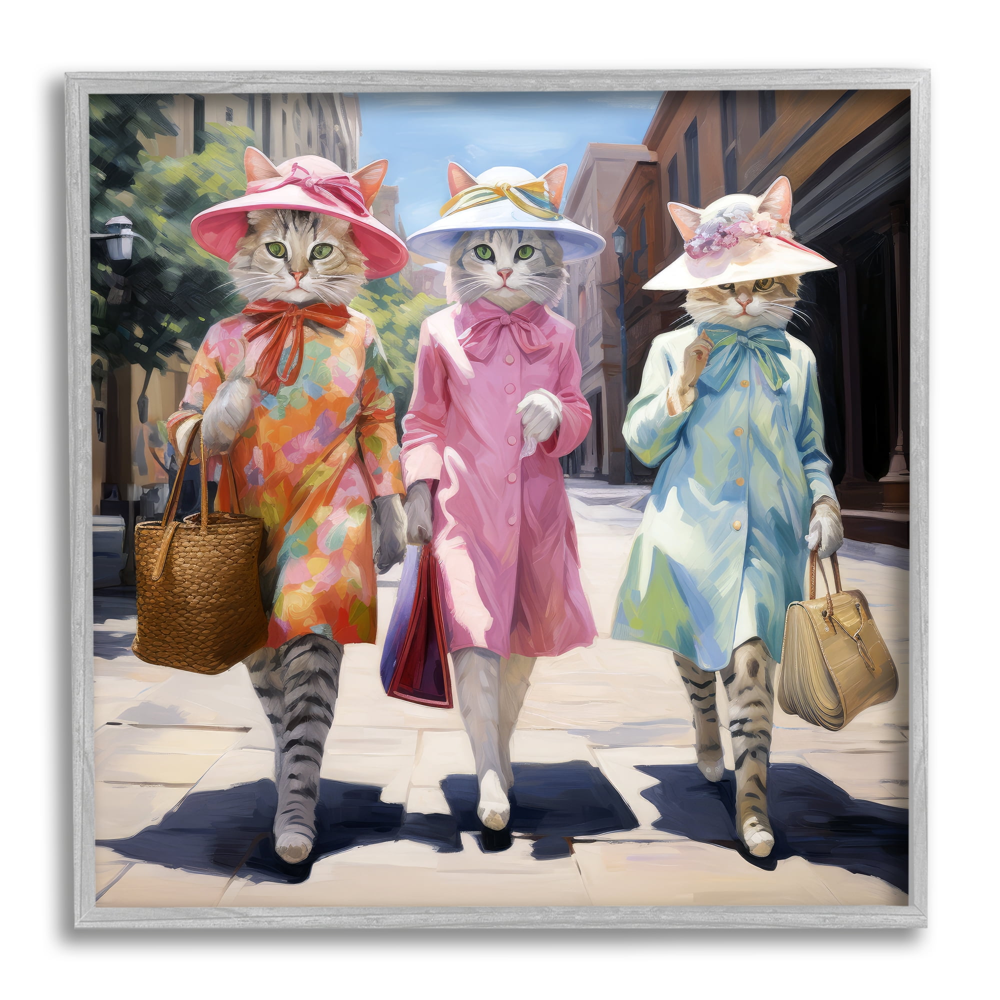 Stupell Industries Feline Fashion Cats Animals & Insects Painting Gray Framed Art Print Wall Art, 24 x 24