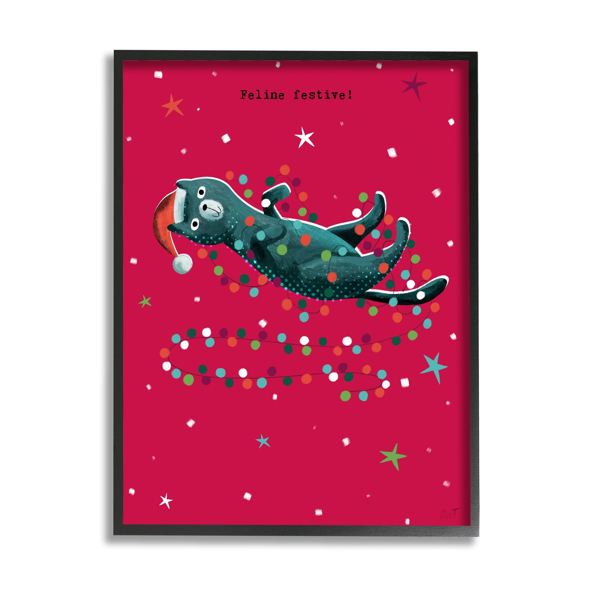 Stupell Industries Feline Festive Christmas Cat Holiday Painting Black Framed Art Print Wall Art