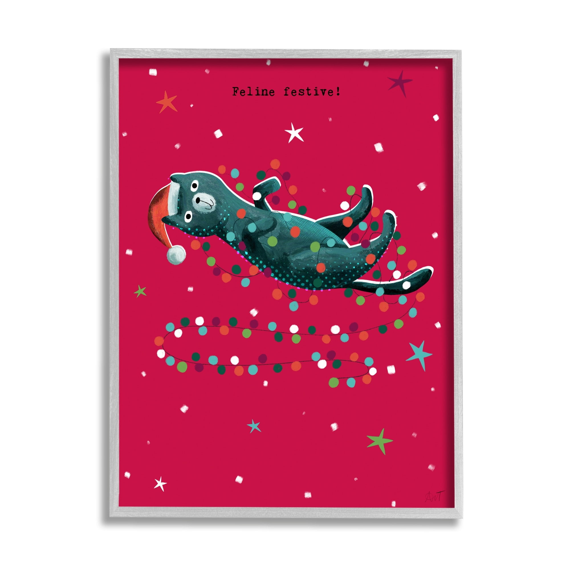 Stupell Industries Feline Festive Christmas Cat Holiday Painting Gray Framed Art Print Wall Art