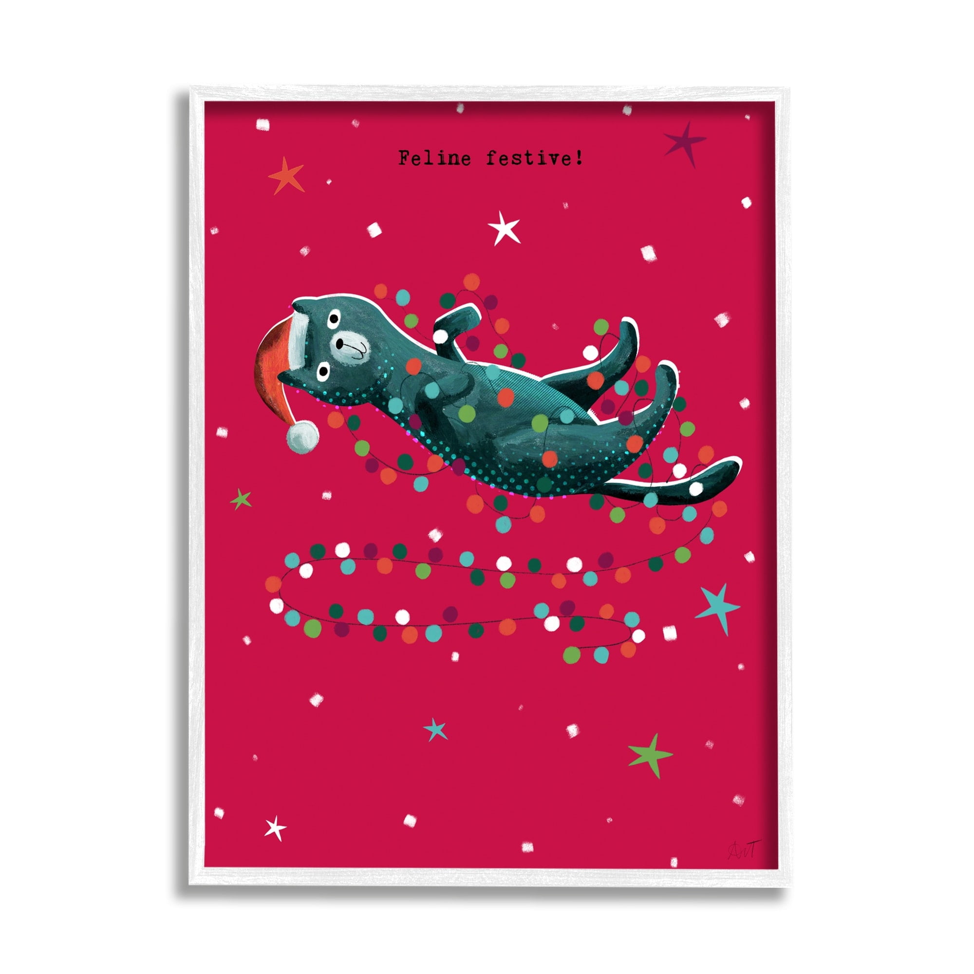 Stupell Industries Feline Festive Christmas Cat Holiday Painting White Framed Art Print Wall Art