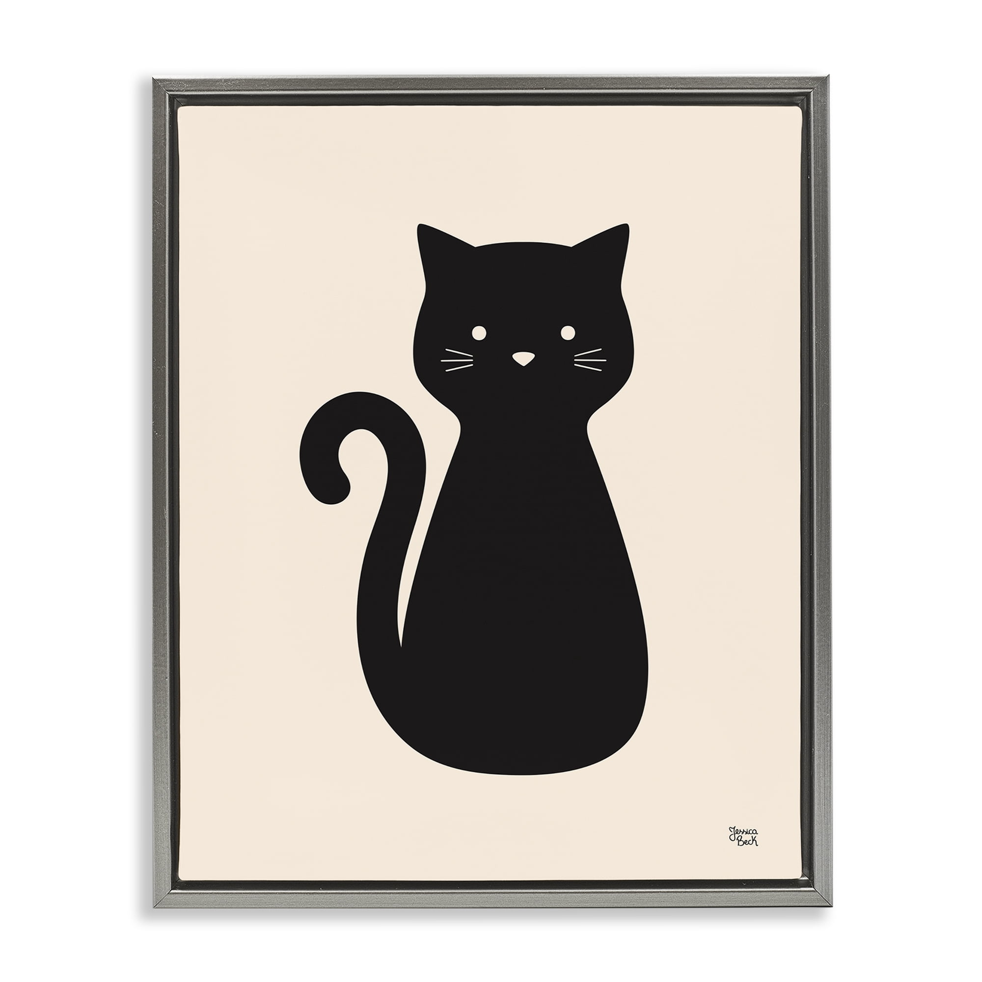 Stupell Industries Feline Grace Black Cat Animals Painting Gray Floater Framed Canvas Art Print Wall Art, 17 x 21