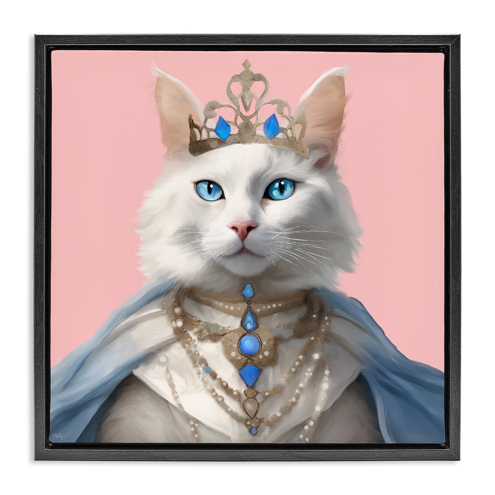 Stupell Industries Feline Princess with Crown Novelty & Humor Painting Black Floater Framed Canvas Art Print Wall Art, 25 x 25
