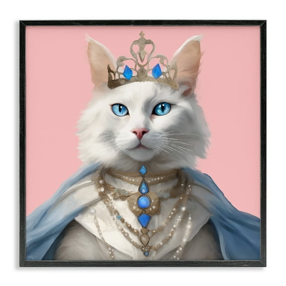 Stupell Industries Feline Princess with Crown Novelty & Humor Painting Black Framed Art Print Wall Art, 12 x 12