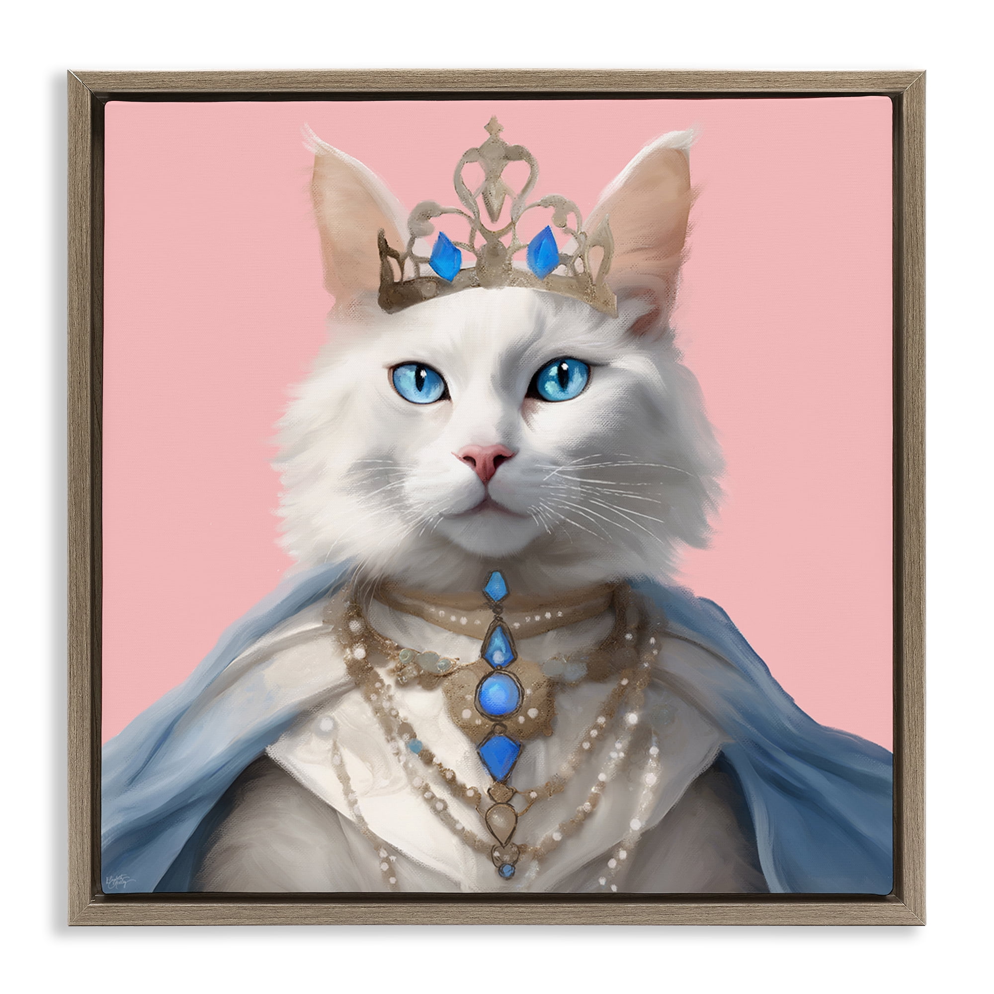 Stupell Industries Feline Princess with Crown Novelty & Humor Painting Brown Floater Framed Canvas Art Print Wall Art, 18 x 18