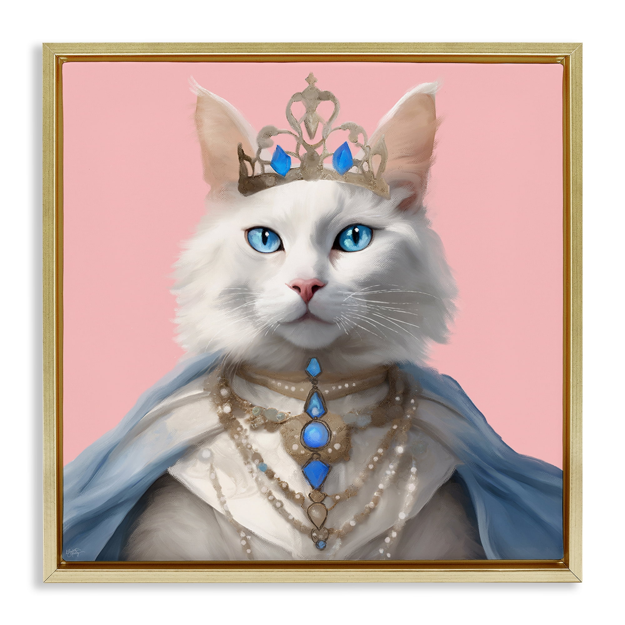 Stupell Industries Feline Princess with Crown Novelty & Humor Painting Gold Floater Framed Canvas Art Print Wall Art, 18 x 18