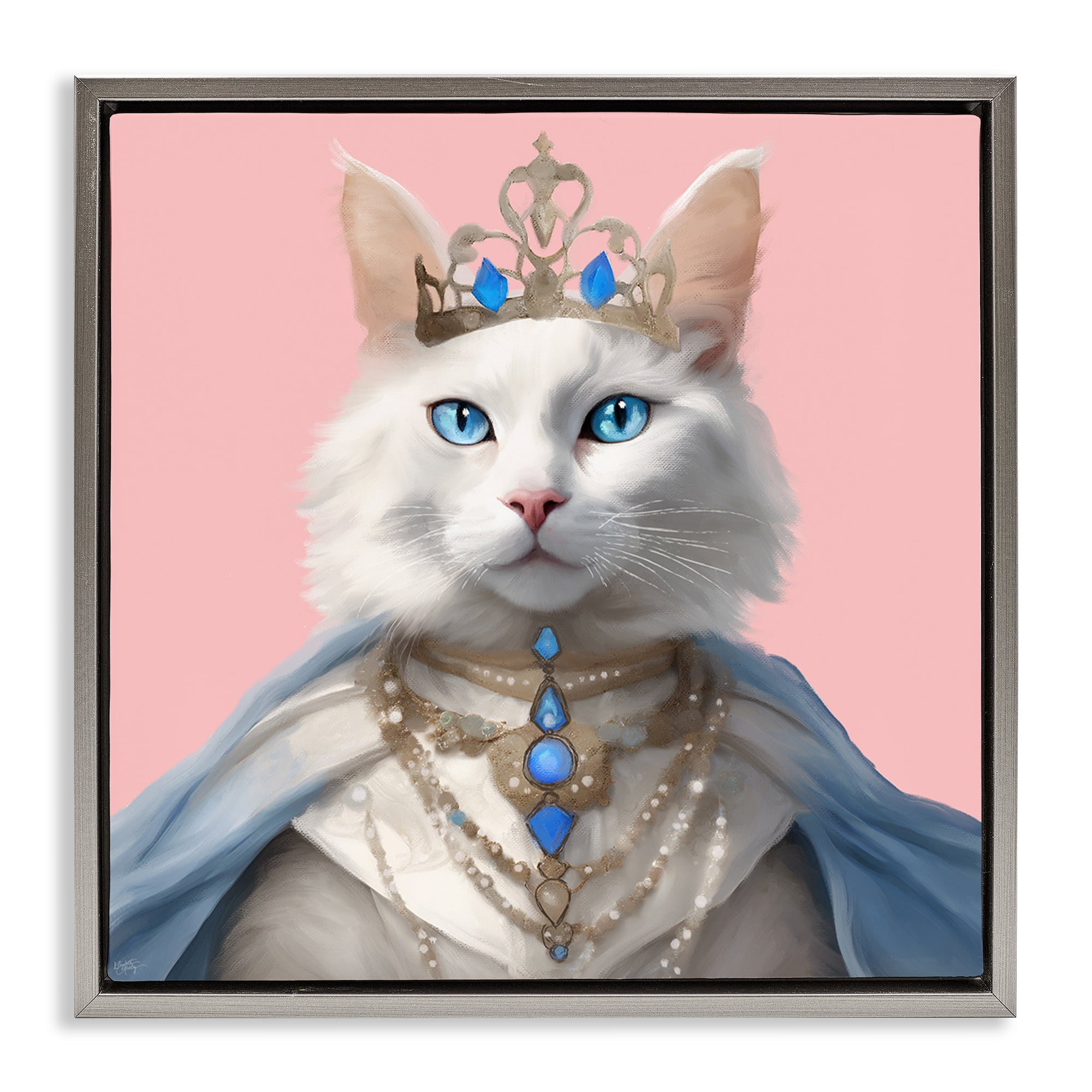 Stupell Industries Feline Princess with Crown Novelty & Humor Painting Gray Floater Framed Canvas Art Print Wall Art, 18 x 18