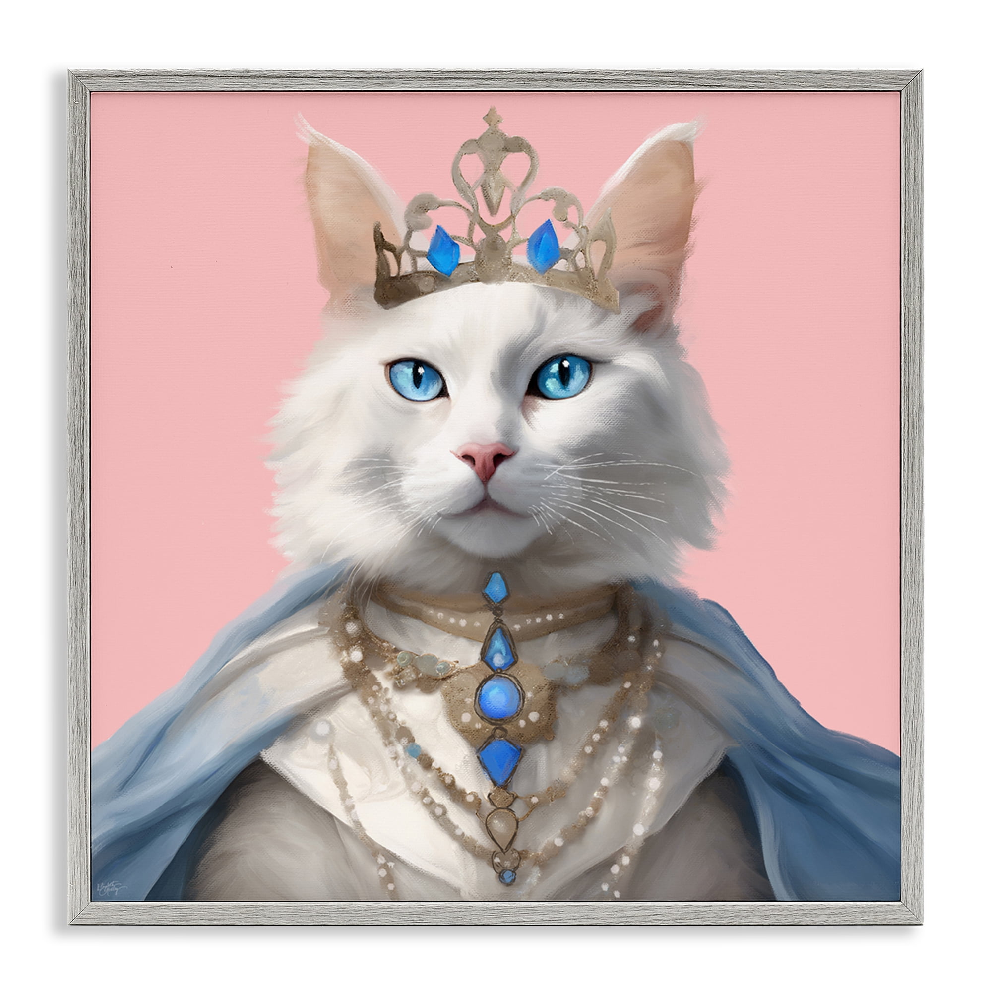 Stupell Industries Feline Princess with Crown Novelty & Humor Painting Gray Framed Art Print Wall Art, 17 x 17