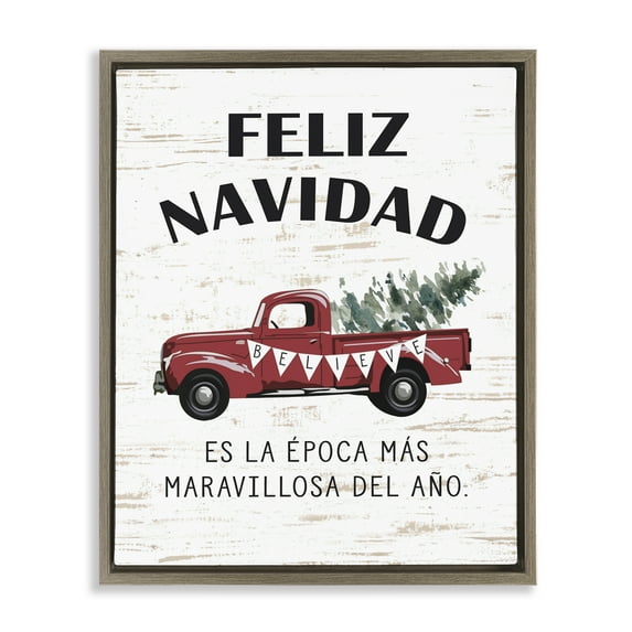 Stupell Industries Feliz Navidad Camioneta Roja Holiday Painting Brown Floater Framed Art Print Wall Art, 17 x 21