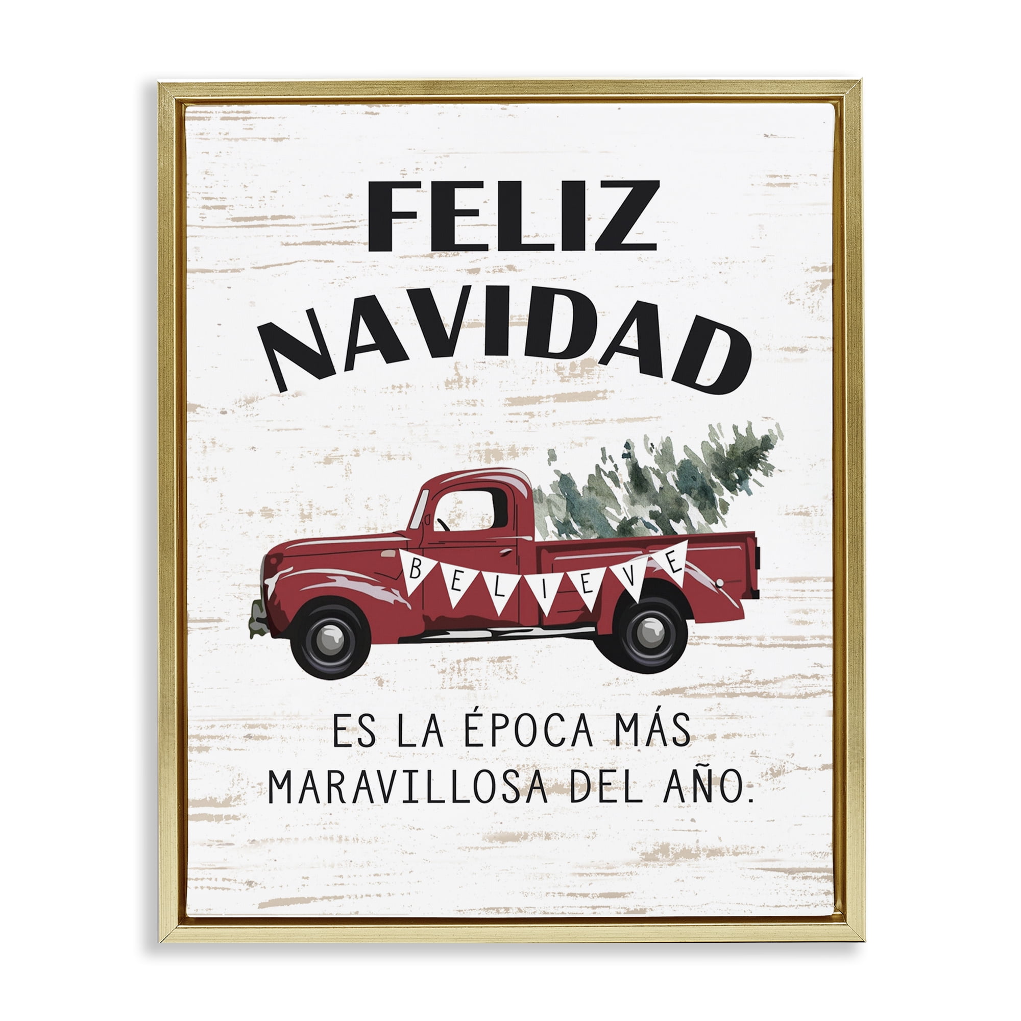 Stupell Industries Feliz Navidad Camioneta Roja Holiday Painting Gold Floater Framed Art Print Wall Art, 25 x 31