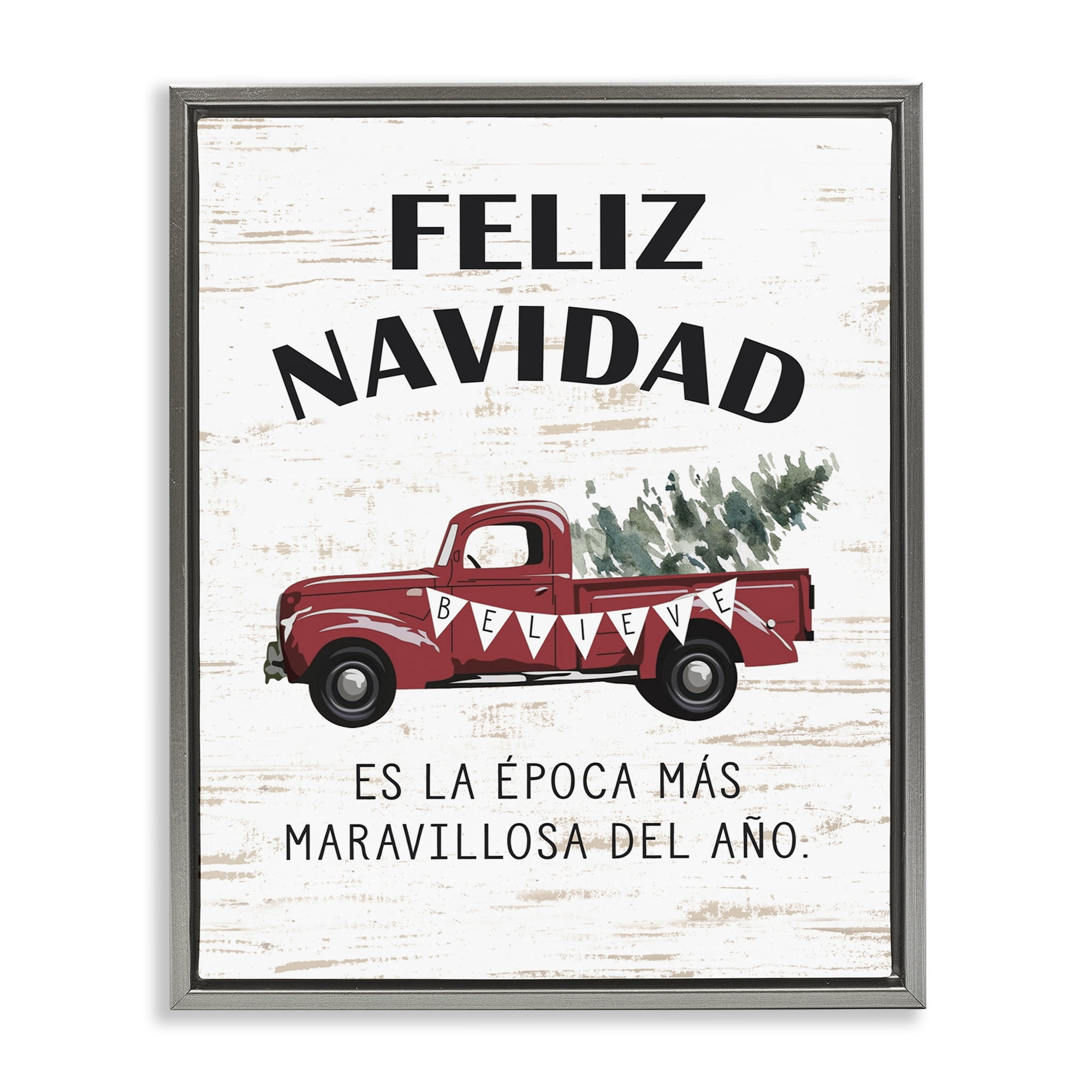 Stupell Industries Feliz Navidad Camioneta Roja Holiday Painting Gray Floater Framed Art Print Wall Art, 17 x 21