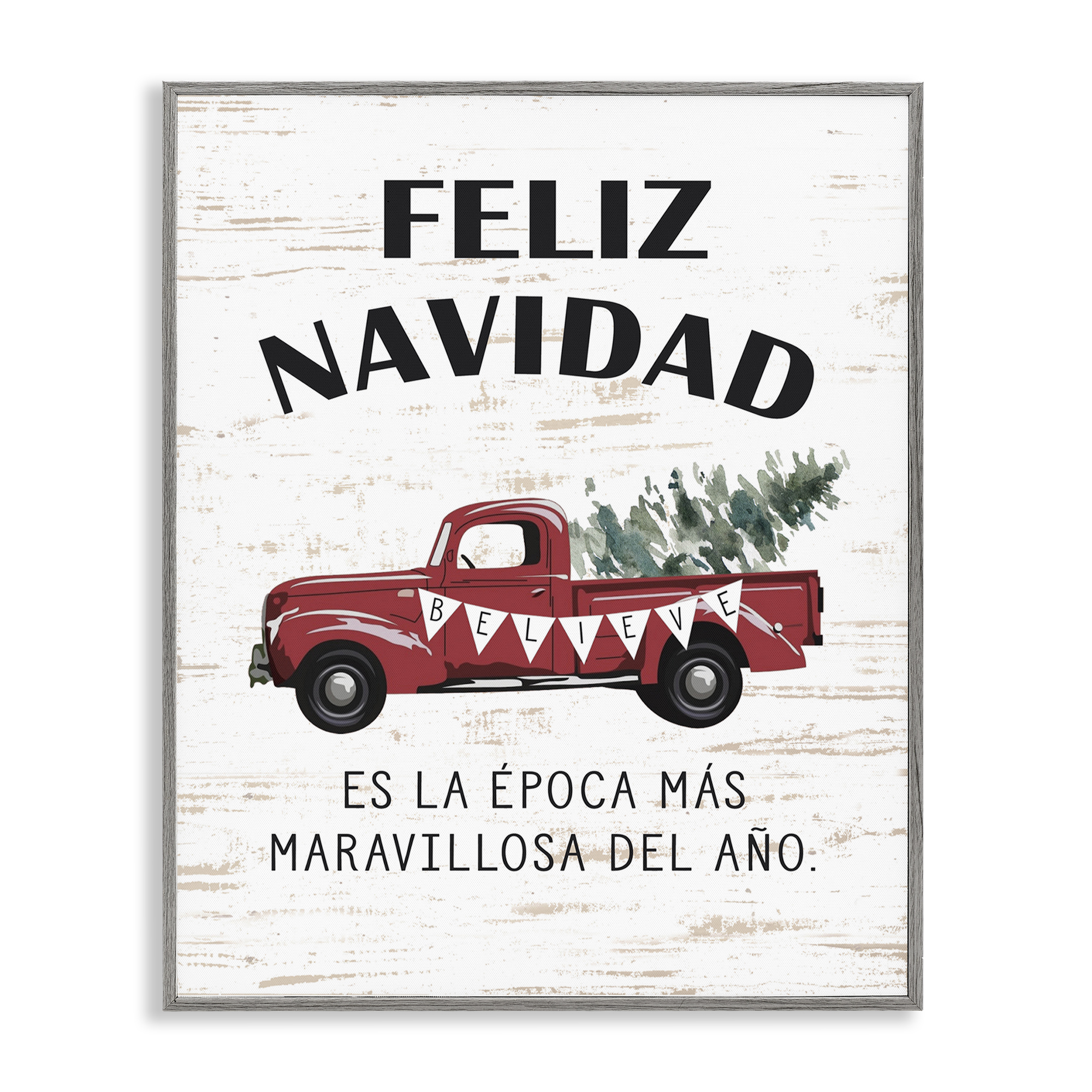 Stupell Industries Feliz Navidad Camioneta Roja Holiday Painting Gray Framed Art Print Wall Art, 24 x 30