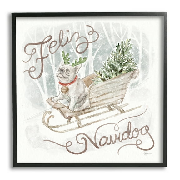 Stupell Industries Feliz Navidog Bulldog Holiday Painting Black Framed Art Print Wall Art, 12 x 12