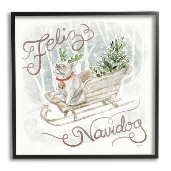 Stupell Industries Feliz Navidog Bulldog Holiday Painting Black Framed Art Print Wall Art, 17 x 17