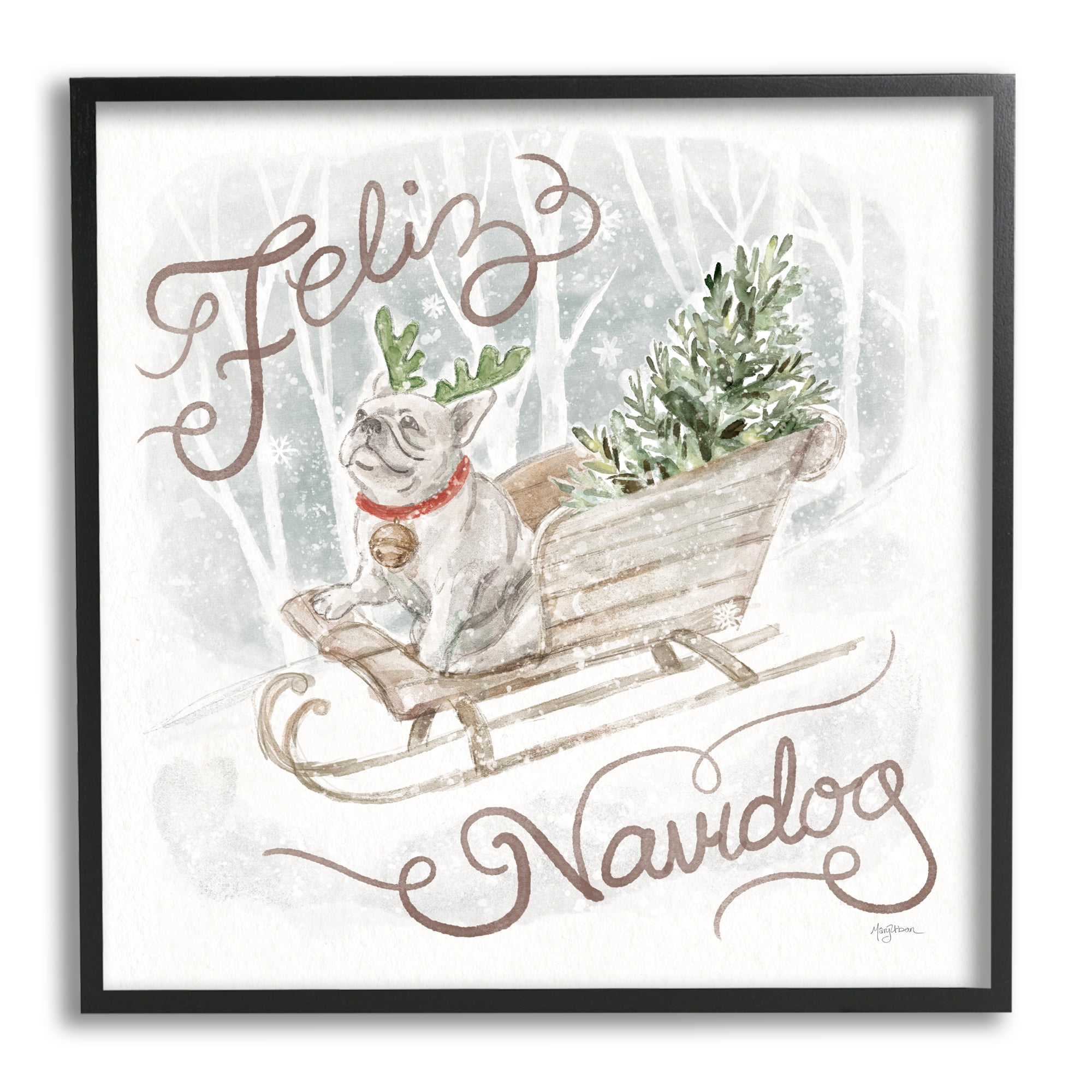 Stupell Industries Feliz Navidog Bulldog Holiday Painting Black Framed Art Print Wall Art, 24 x 24