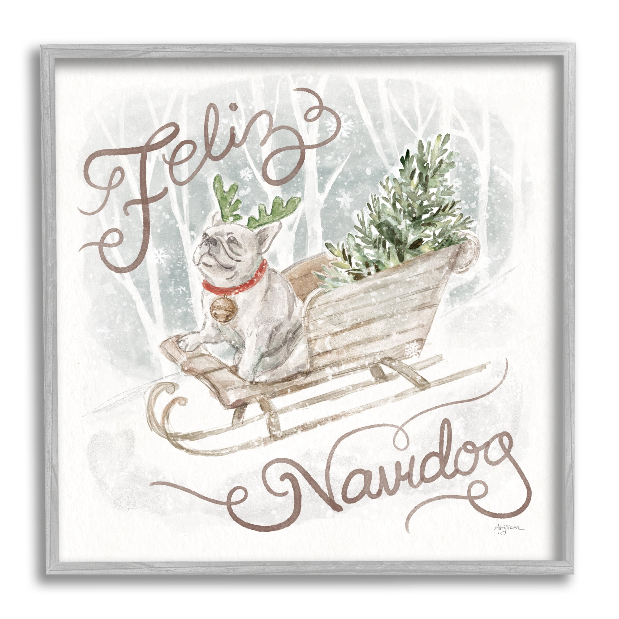 Stupell Industries Feliz Navidog Bulldog Holiday Painting Gray Framed Art Print Wall Art, 12 x 12