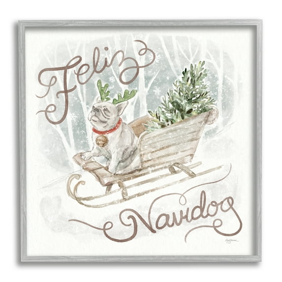 Stupell Industries Feliz Navidog Bulldog Holiday Painting Gray Framed Art Print Wall Art, 24 x 24