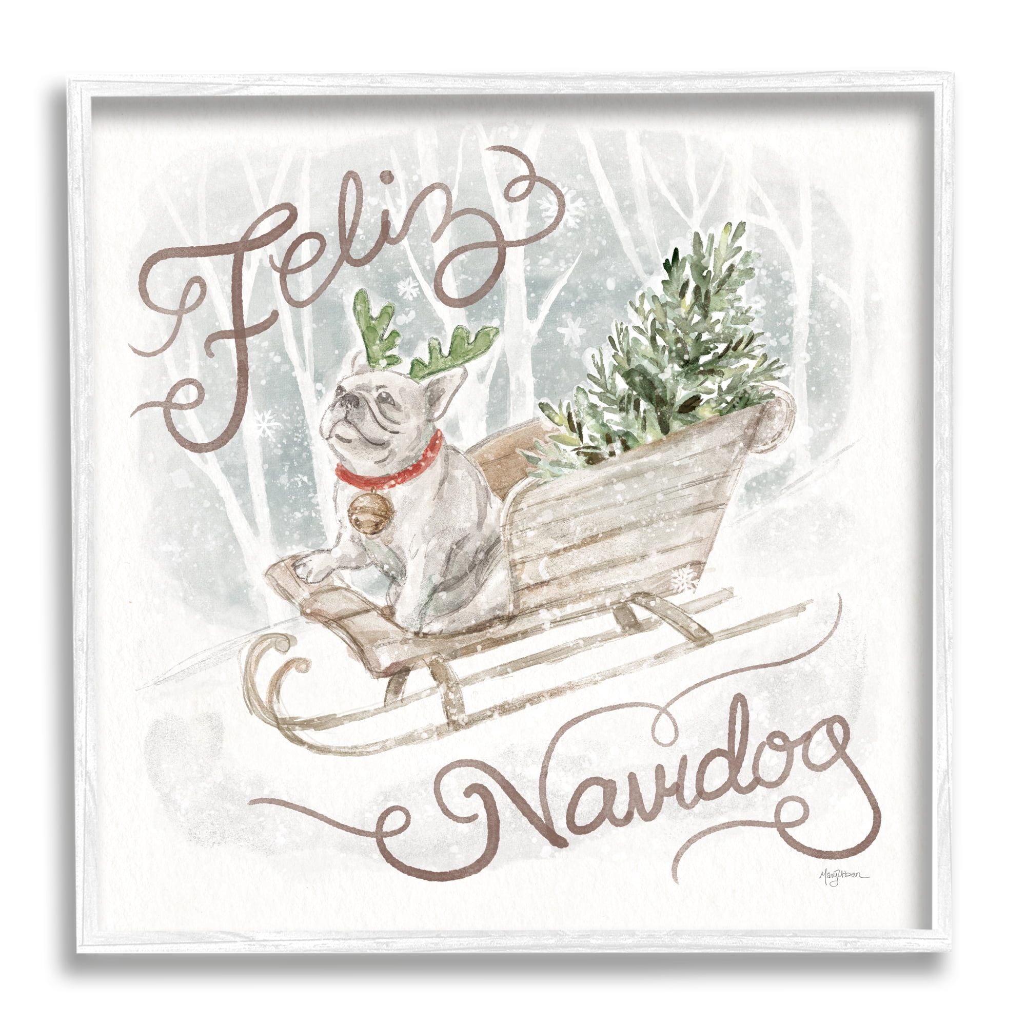 Stupell Industries Feliz Navidog Bulldog Holiday Painting White Framed Art Print Wall Art, 17 x 17