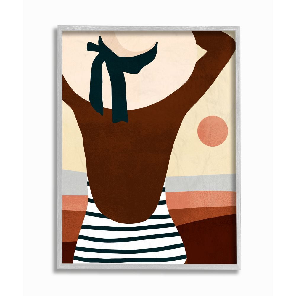 Stupell Industries Female Beach Swimwear Fashion Hat Summer Sun Framed Wall Art Design by Victoria Borges, 11" x 14", Gray Framed