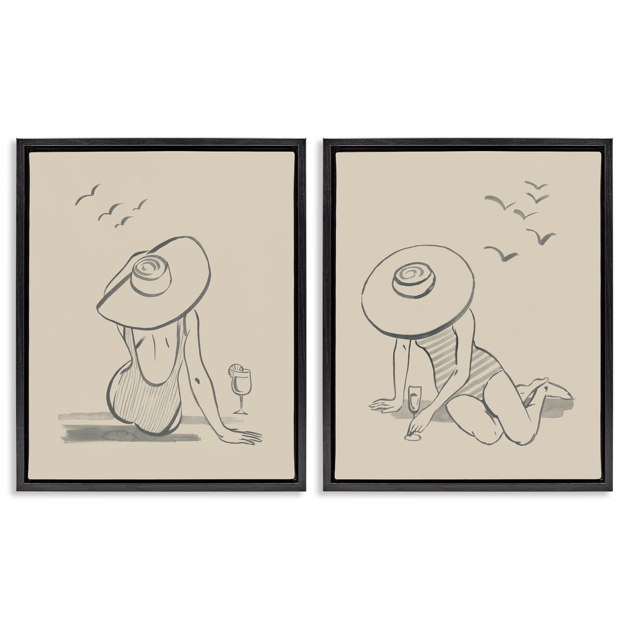 Stupell Industries Female Figure Drawing Poolside People Drawing Black Floater Framed Canvas Art Print Wall Art, 17 x 21, Set of 2
