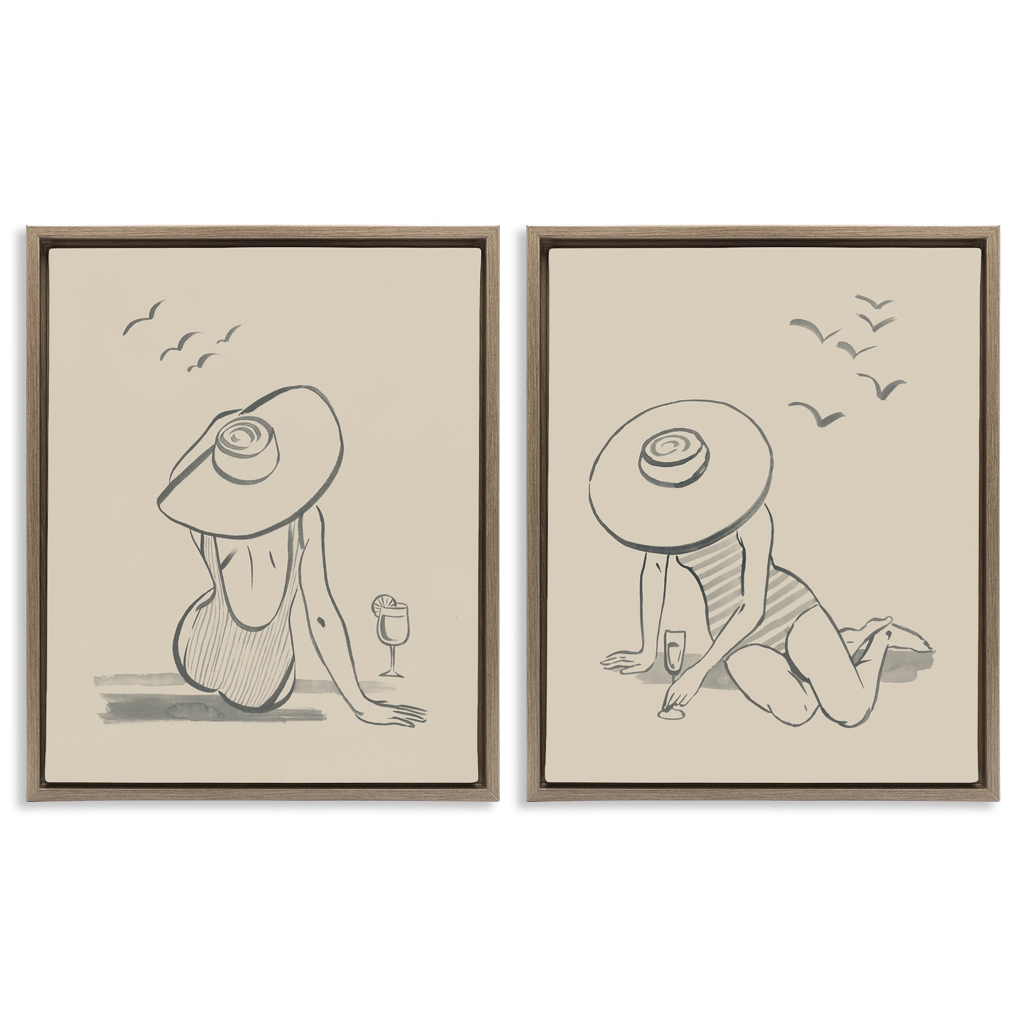 Stupell Industries Female Figure Drawing Poolside People Drawing Brown Floater Framed Canvas Art Print Wall Art, 31 x 25, Set of 2