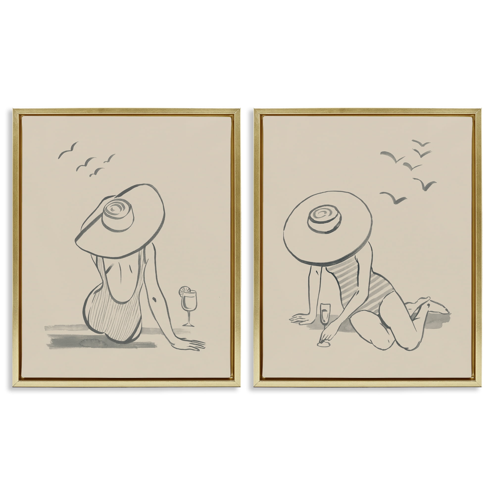 Stupell Industries Female Figure Drawing Poolside People Drawing Gold Floater Framed Canvas Art Print Wall Art, 17 x 21, Set of 2