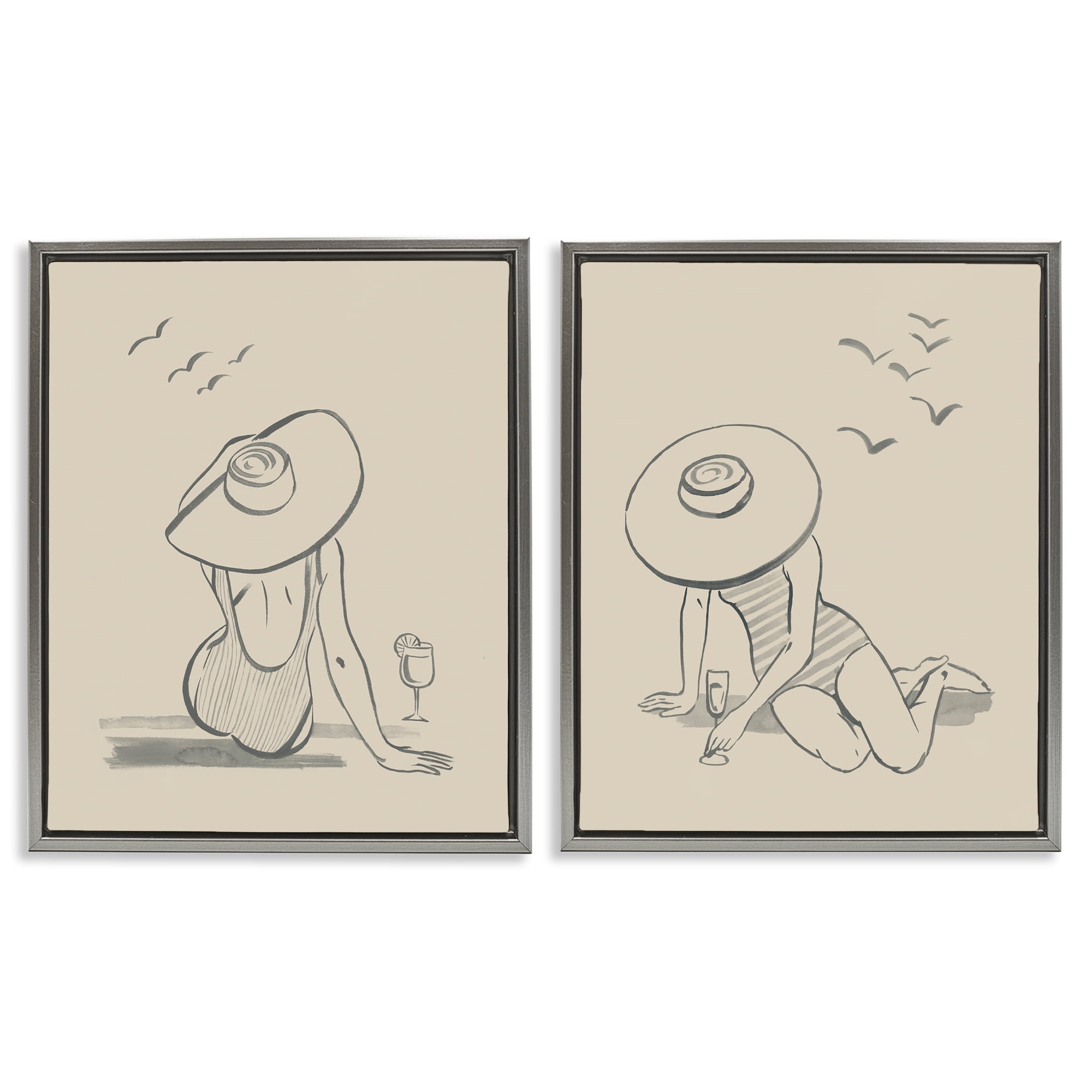 Stupell Industries Female Figure Drawing Poolside People Drawing Gray Floater Framed Canvas Art Print Wall Art, 17 x 21, Set of 2