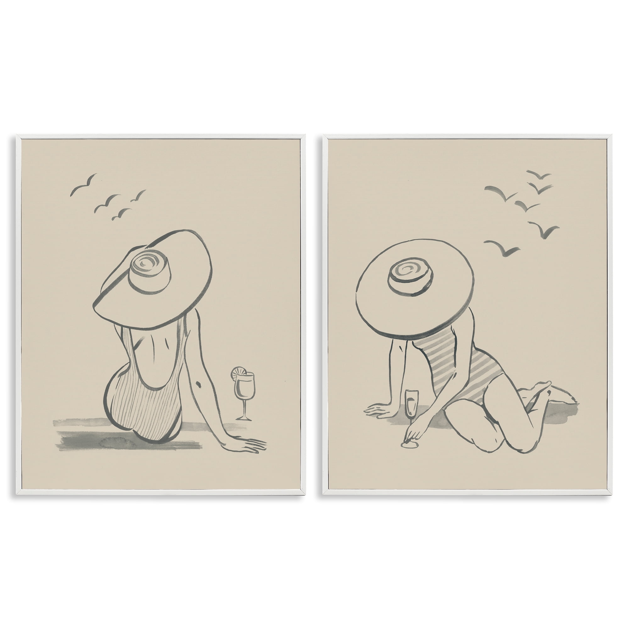 Stupell Industries Female Figure Drawing Poolside People Drawing White Framed Art Print Wall Art, 24 x 30, Set of 2