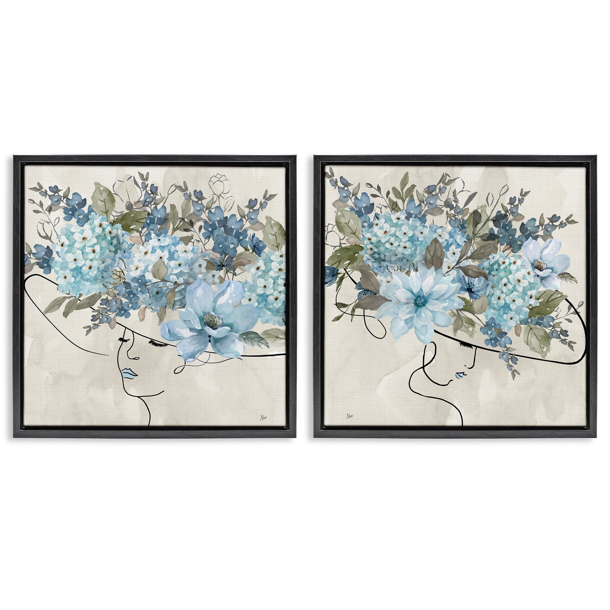 Stupell Industries Female Figure Floral Hat People Painting Black Floater Framed Canvas Art Print Wall Art, 25 x 25, Set of 2